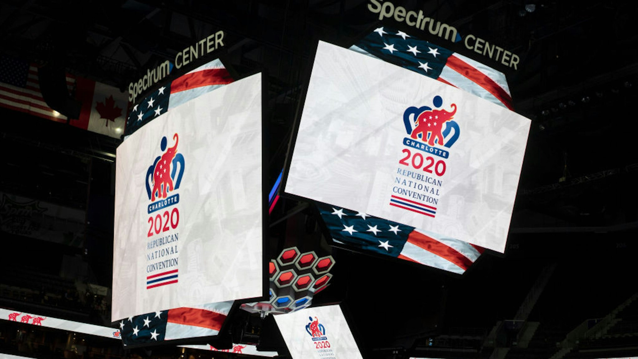 2020 Republican National Convention (RNC) signage is displayed inside the Spectrum Center during a media walk-through in Charlotte, North Carolina, U.S., on Tuesday, Nov. 12, 2019. The 2020 RNC will be held at the Spectrum Center from August 24-27.