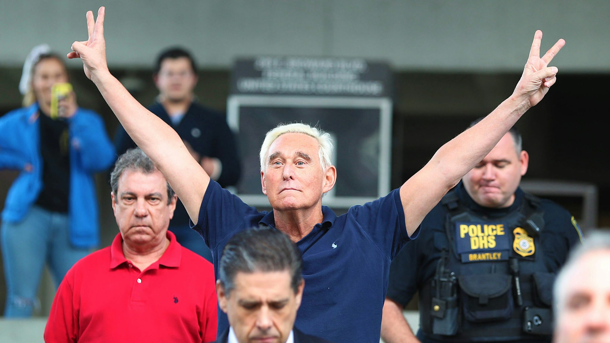 FORT LAUDERDALE, FLORIDA - JANUARY 25: Roger Stone, a former advisor to President Donald Trump, exits the Federal Courthouse on January 25, 2019 in Fort Lauderdale, Florida. Mr. Stone was charged by special counsel Robert Mueller of obstruction, giving false statements and witness tampering.