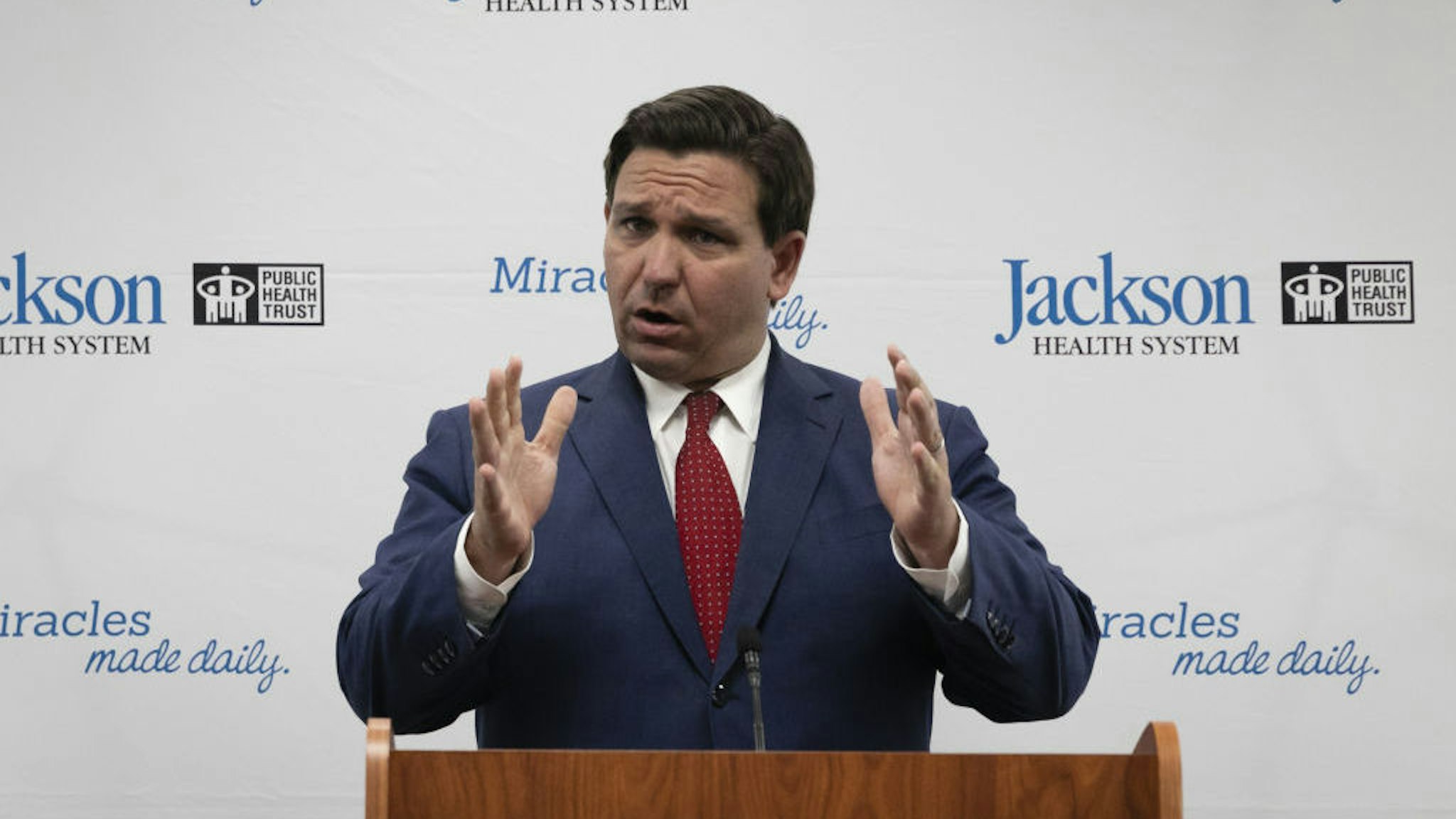 Ron DeSantis, governor of Florida, speaks during a press conference at Jackson Memorial Hospital in Miami, Florida, U.S., on Monday, July 13, 2020. Florida reported 282,435 Covid-19 cases on Monday, up 4.7% from a day earlier, compared with an average increase of 4.4% in the previous seven days. Photographer: Eva Marie Uzcategui/Bloomberg