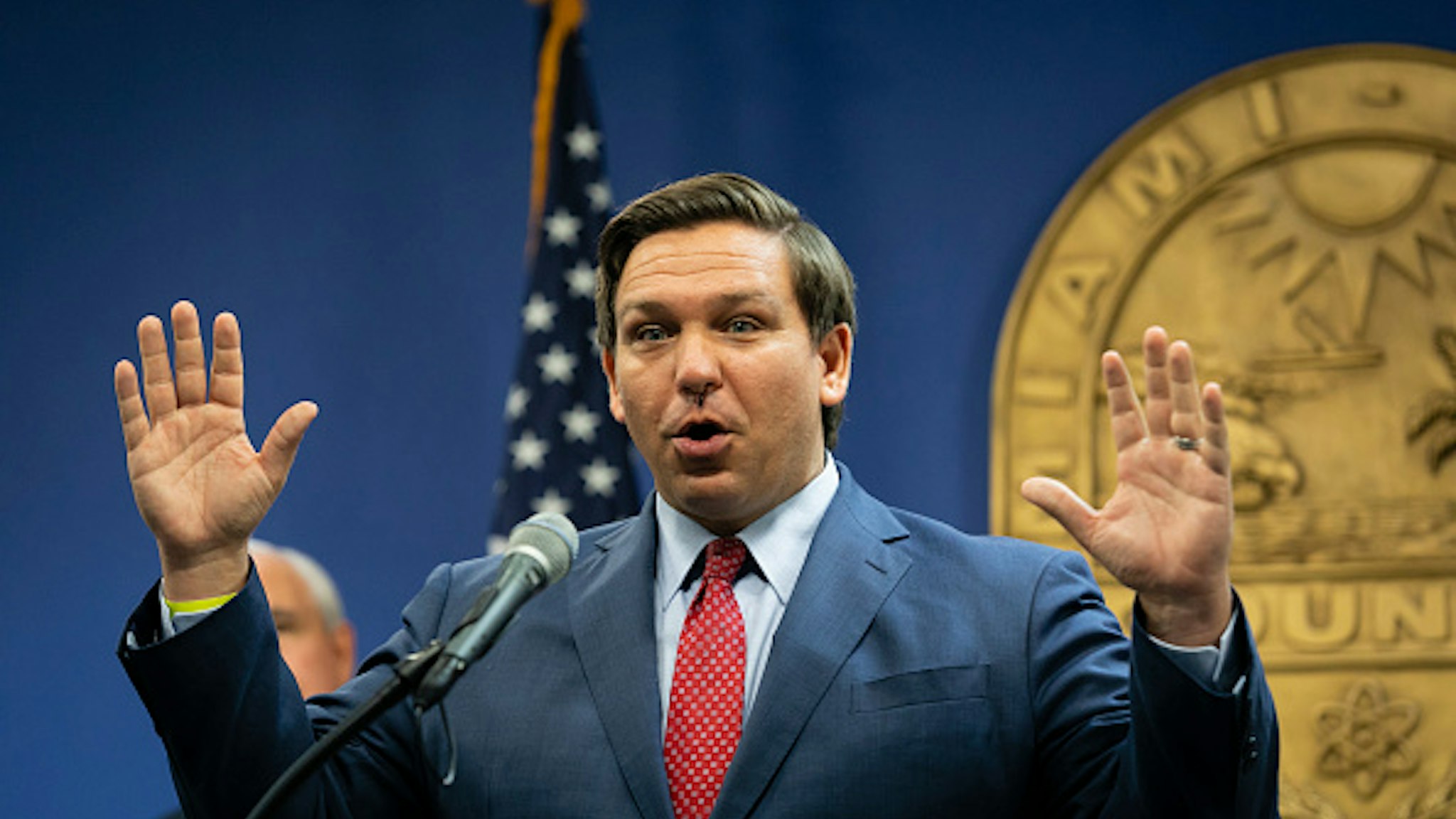 MIAMI, FL - JUNE 08: Florida Governor Ron DeSantis gesticulates during a press conference relating hurricane season updates at the Miami-Dade Emergency Operations Center on June 8, 2020 in Miami, Florida. NOAA has predicted that this year's Atlantic hurricane season will be more active than usual with up to 19 named storms and 6 major hurricanes possible.