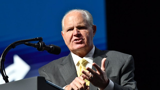 Rush Limbaugh speaks before US President Donald Trump takes the stage during the Turning Point USA Student Action Summit at the Palm Beach County Convention Center in West Palm Beach, Florida on December 21, 2019. (Photo by Nicholas Kamm / AFP) (Photo by NICHOLAS KAMM/AFP via Getty Images)