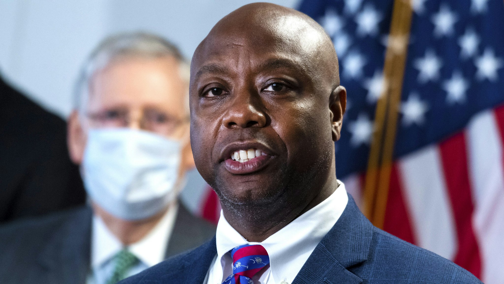 UNITED STATES - JUNE 23: Sen. Tim Scott, R-S.C., right, and Senate Majority Leader Mitch McConnell, R-Ky., conduct a news conference after the Senate Republican Policy luncheon in Hart Building on Tuesday, June 23, 2020.