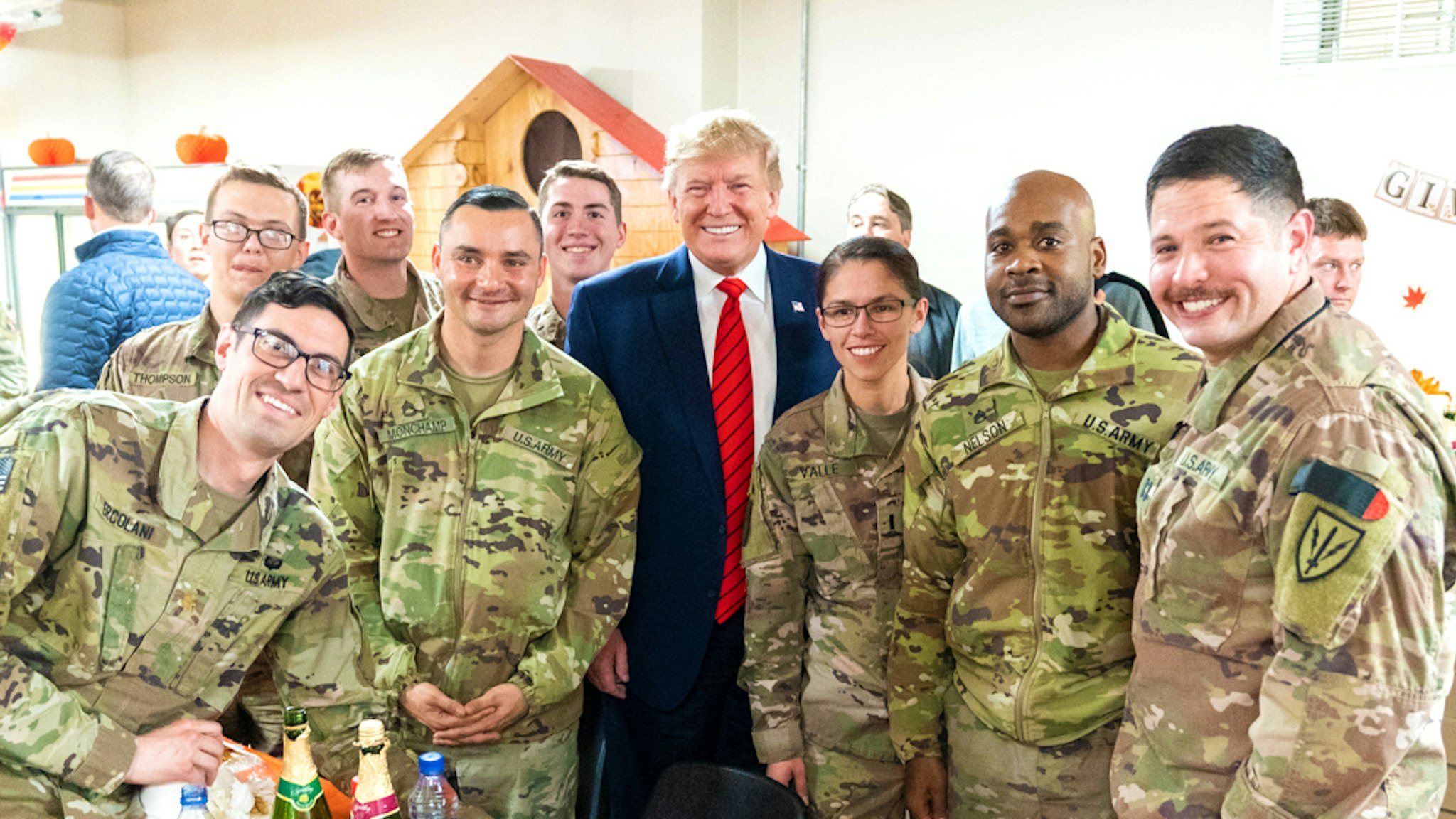 President Donald J. Trump visits troops at Bagram Airfield on Thursday, November 28, 2019, in Afghanistan, during a surprise visit to spend Thanksgiving with troops.
