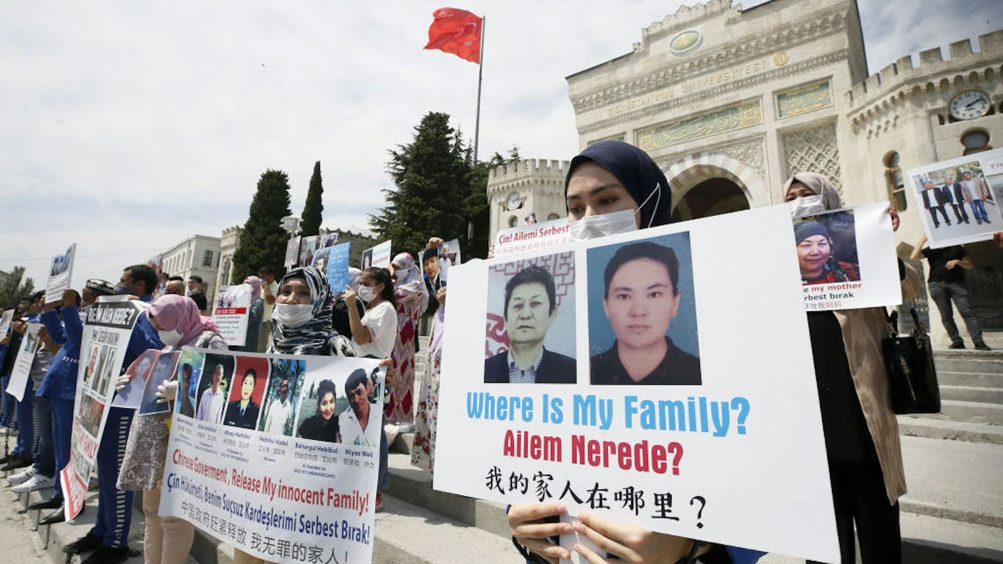 Uyghur Turks living in Istanbul gather to protest China for their family members, who have been held in Chinese camps, at Beyazit Square in Istanbul, Turkey on July 27, 2020. (Photo by Erhan Elaldi/Anadolu Agency via Getty Images)