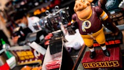 Washington Redskins Washington Redskins merchandise is seen for sale at a sports store in Fairfax, Virginia on July 13, 2020. - The Washington Redskins confirmed on July 13 that the team is changing its name following pressure from sponsors over a word widely criticized as a racist slur against Native Americans. (Photo by ANDREW CABALLERO-REYNOLDS / AFP)
