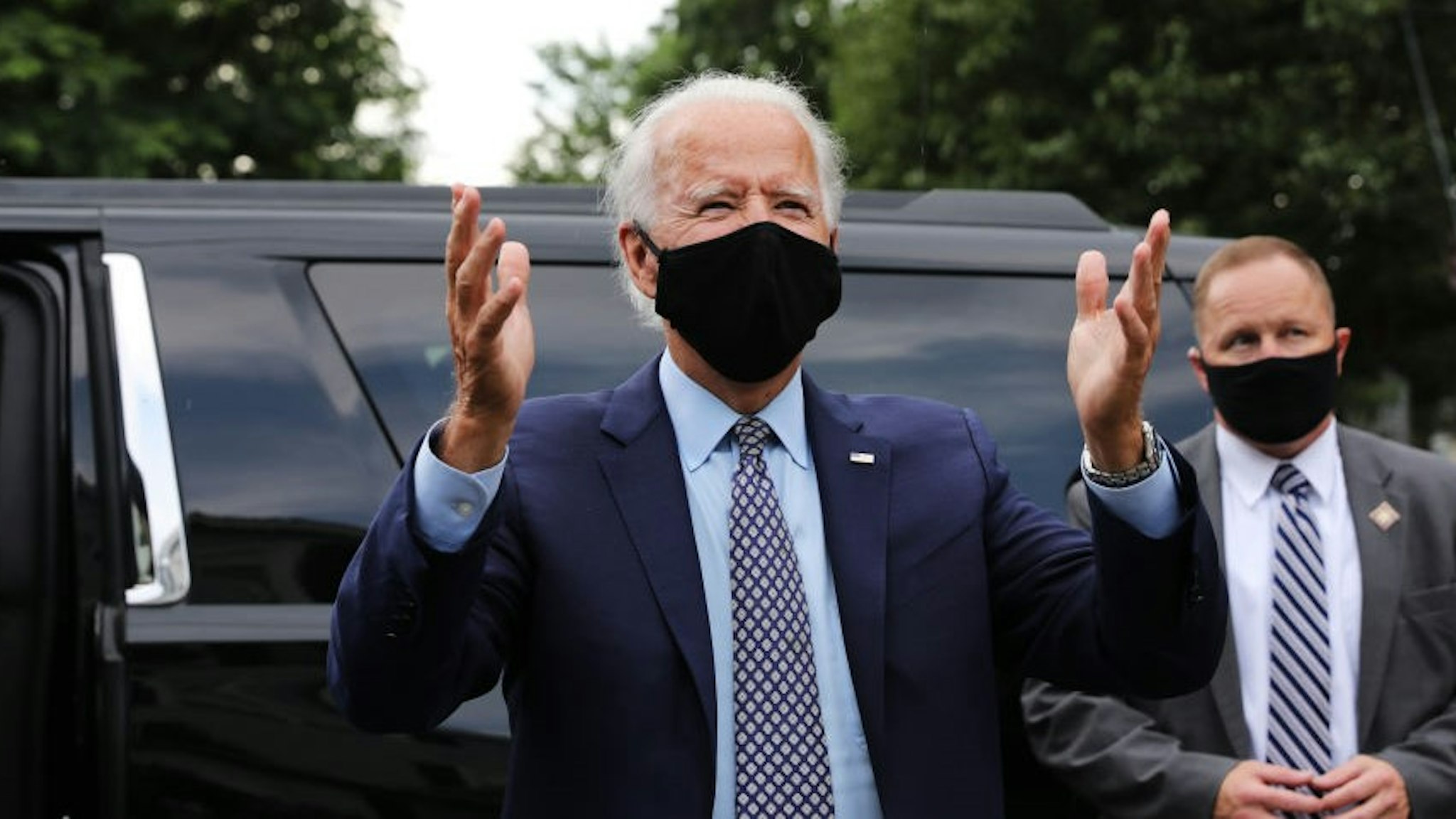 SCRANTON, PENNSYLVANIA - JULY 09: The presumptive Democratic presidential nominee Joe Biden stops in front of his childhood home on July 09, 2020 in Scranton, Pennsylvania. The former vice president, who grew up Scranton, toured a metal works plant in Dunmore in northeastern Pennsylvania and spoke about his economic recovery plan. With fewer than four months until the election, polls continue to show Biden leading in Pennsylvania which is a battleground state in the race for the presidency. (Photo by