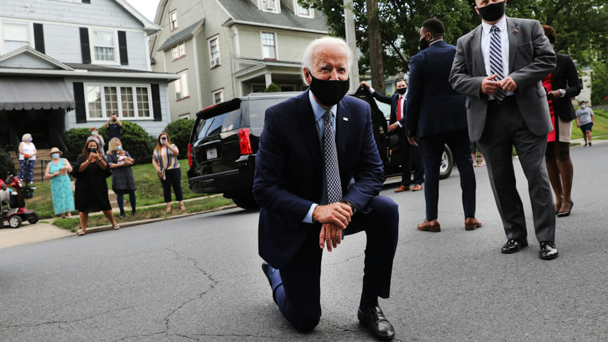 DUNMORE, PENNSYLVANIA - JULY 09: The presumptive Democratic presidential nominee Joe Biden stops in front of his childhood home on July 09, 2020 in Scranton, Pennsylvania. The former vice president toured a metal works plant in Dunmore in northeastern Pennsylvania and spoke about his economic recovery plan. With fewer than four months until the election, polls continue to show Biden leading in Pennsylvania, widely regarded as a battleground state in the race for the presidency. (Photo by