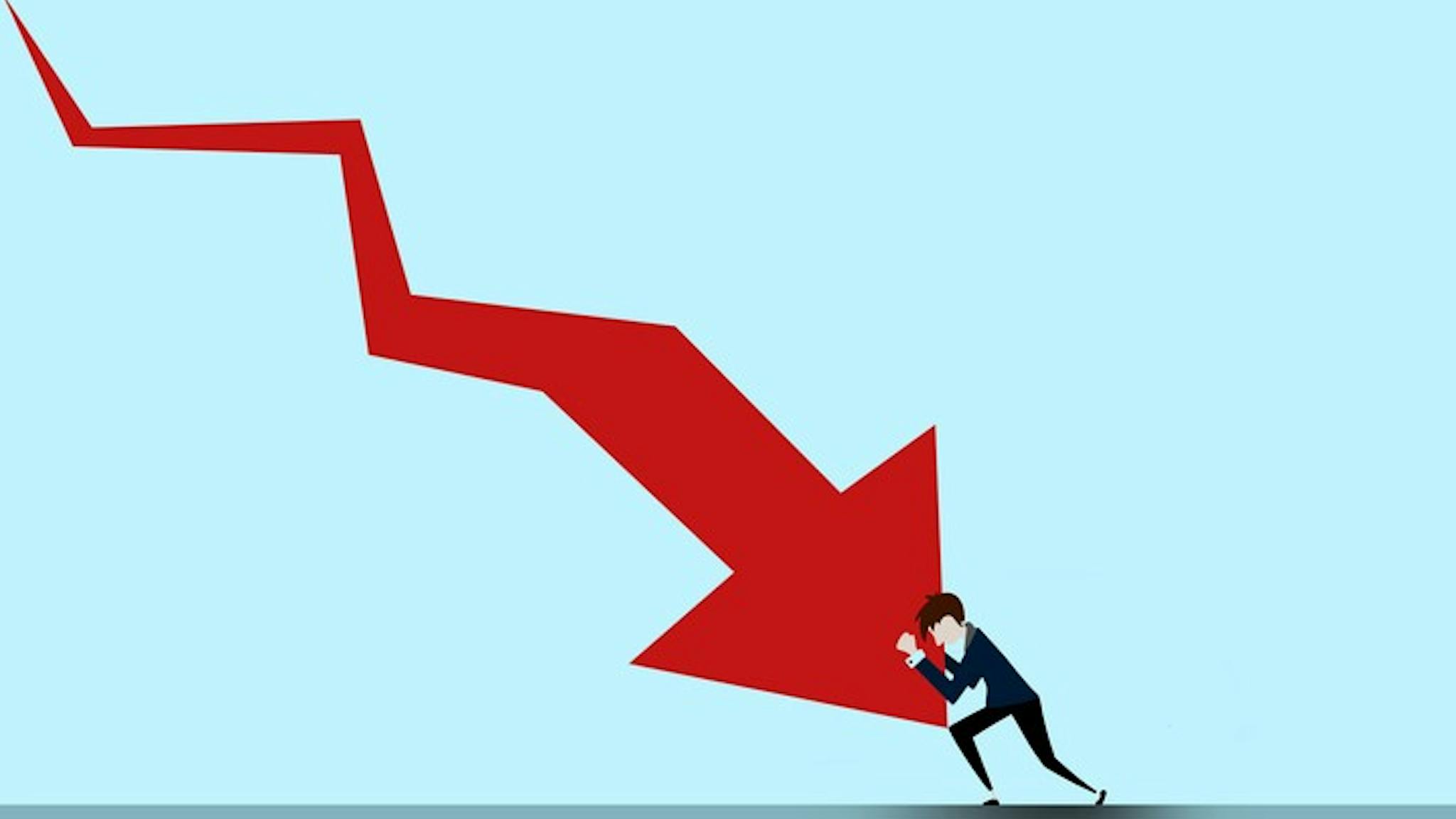 Arrow going down and question mark and man stopping it Arrow going down and question mark and man stopping it