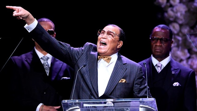 LOS ANGELES, CALIFORNIA - APRIL 11: (EDITORS NOTE: All images taken by Getty Images inside the Staples Center at Nipsey Hussle's Celebration of Life have been reviewed and approved for distribution by Atlantic Records) Honorable Minister Louis Farrakhan, National Representative of The Honorable Elijah Muhammad and The Nation of Islam, speaks onstage during Nipsey Hussle's Celebration of Life at STAPLES Center on April 11, 2019 in Los Angeles, California. Nipsey Hussle was shot and killed in front of his store, The Marathon Clothing, on March 31, 2019 in Los Angeles. (Photo by