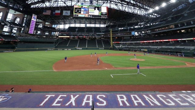 ARLINGTON, TEXAS - JULY 09: A view of the Texas Rangers during an intrasquad game during Major League Baseball summer workouts at Globe Life Field on July 09, 2020 in Arlington, Texas.