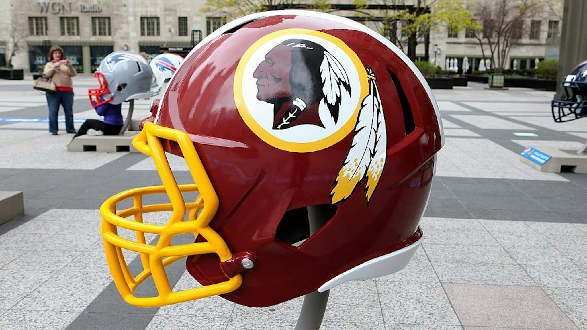 CHICAGO - APRIL 30: Washington Redskins NFL football helmet is on display in Pioneer Court to commemorate the NFL Draft 2015 in Chicago on April 30, 2015 in Chicago, Illinois. (Photo By