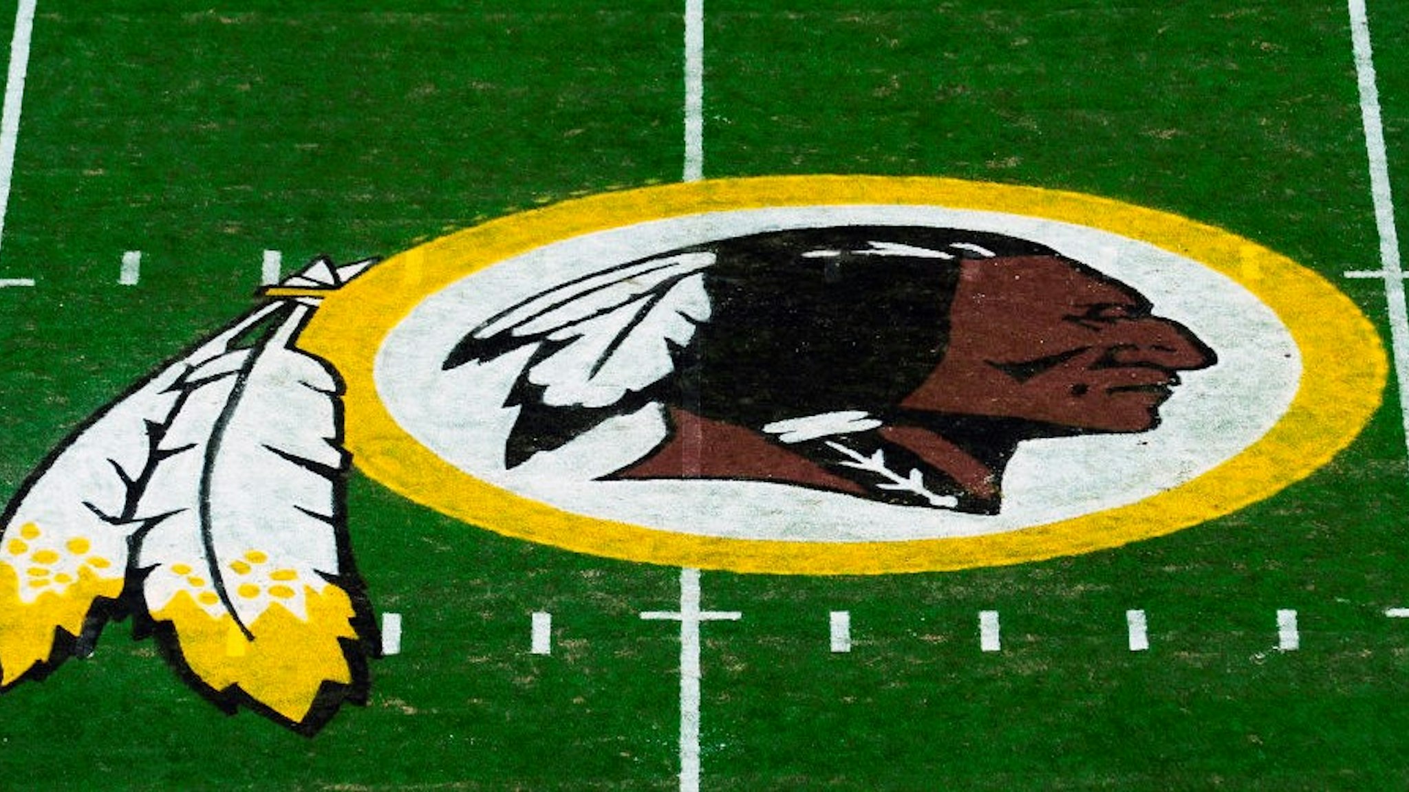 LANDOVER, MD - NOVEMBER 24: A general view of the Washington Redskins logo at center field before a game between the Detroit Lions and Redskins at FedExField on November 24, 2019 in Landover, Maryland. (Photo by