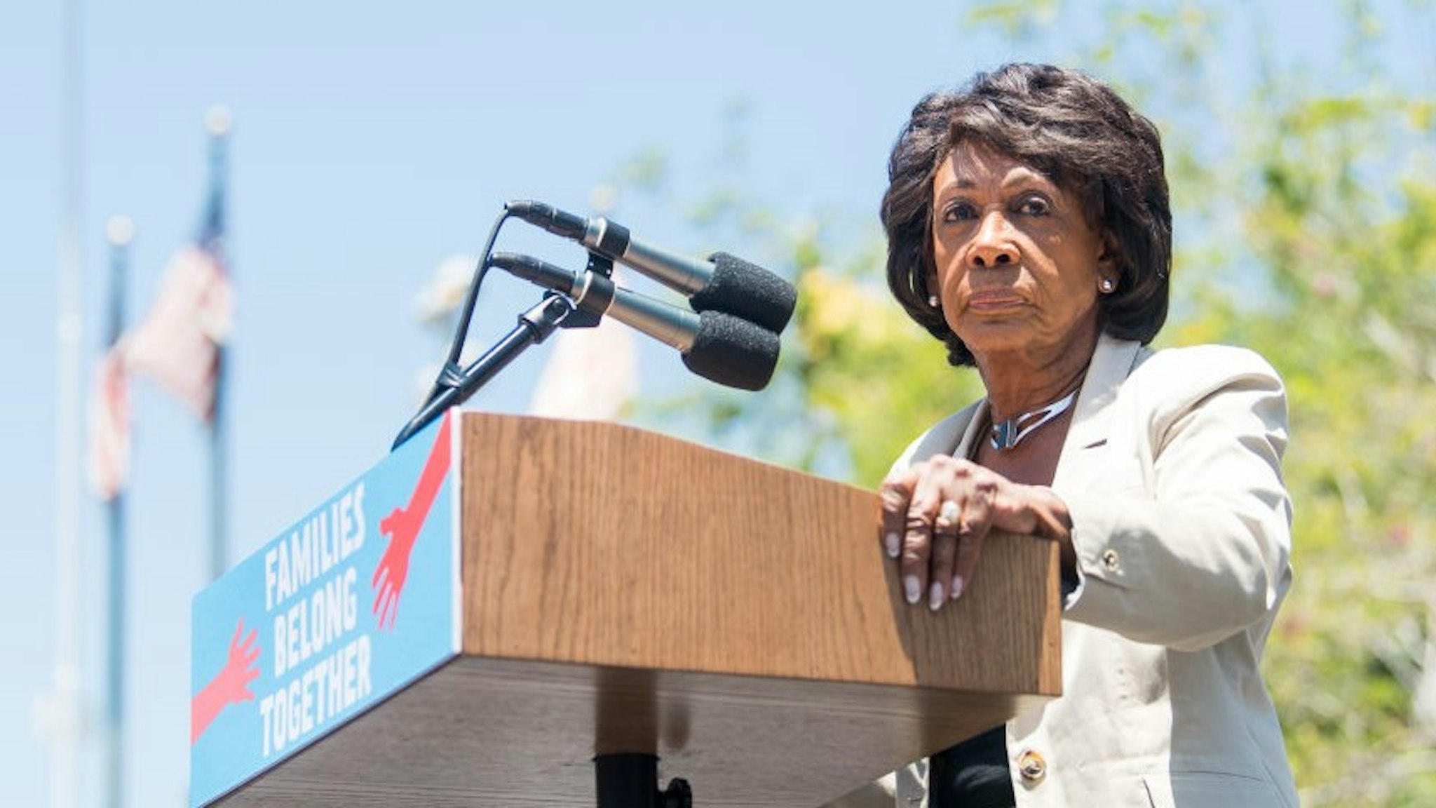 LOS ANGELES, CA - JUNE 30: Maxine Waters speaks onstage at 'Families Belong Together - Freedom for Immigrants March Los Angeles' at Los Angeles City Hall on June 30, 2018 in Los Angeles, California. (Photo by