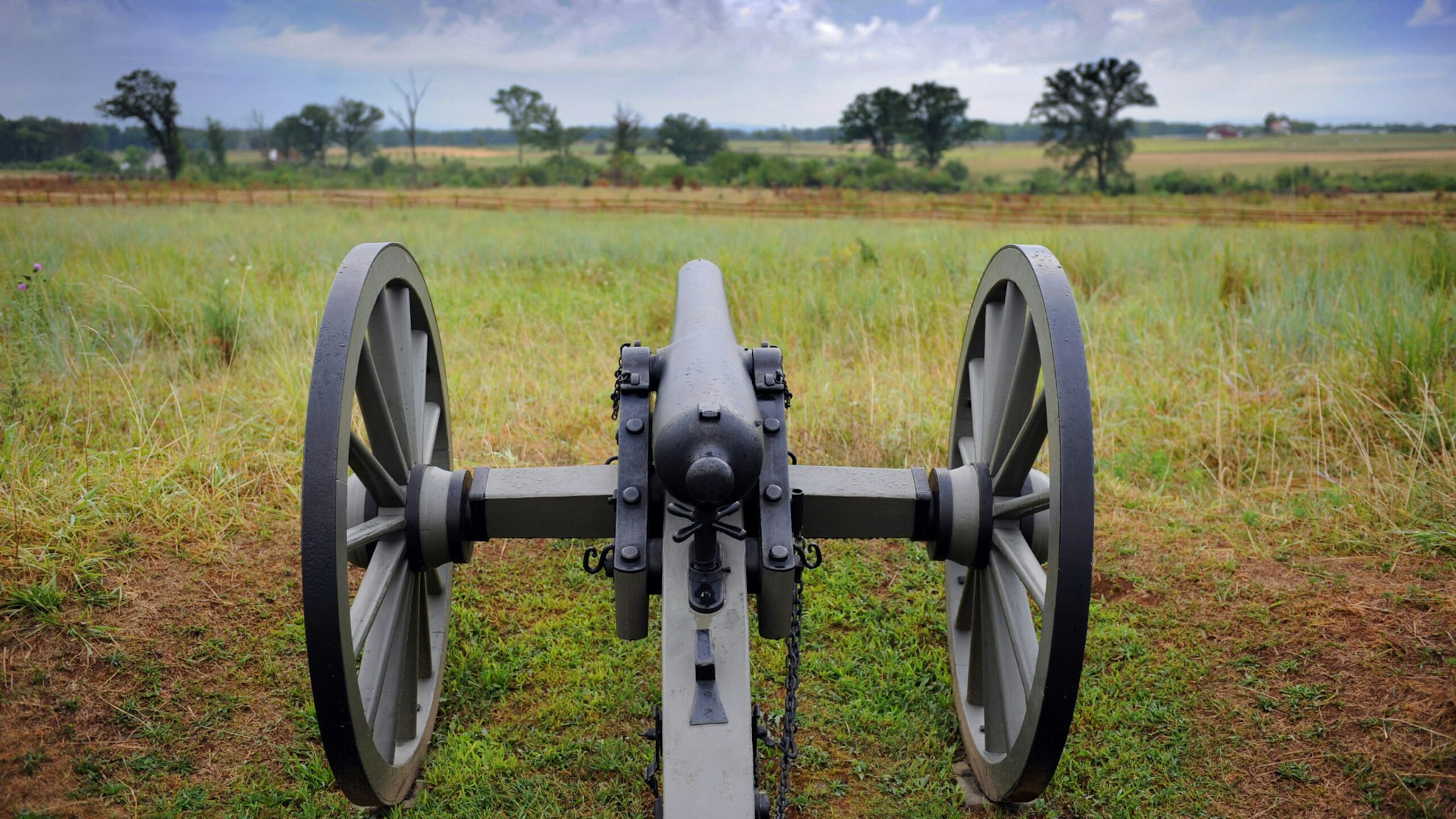 A restored canon at a Union position along Cemetery Ridge points toward the battlefield on August 13, 2010 at the Gettysburg National Military Park in Gettysburg Pennsylvania.