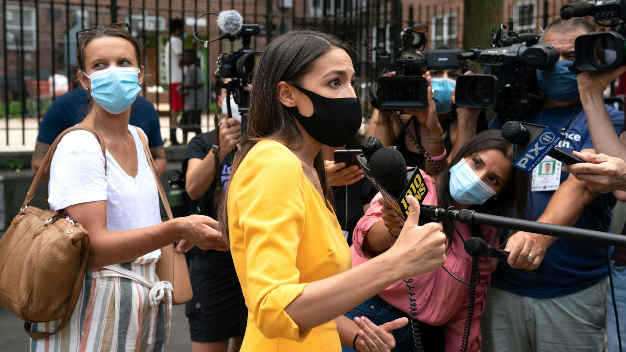 Democratic Rep. Alexandria Ocasio-Cortez, who is running for re-election, speaks with the media as she launches an effort to increase voter registration and 2020 Census participation in New York's 14th Congressional District in the Borough of Queens on August 15, 2020 in New York.