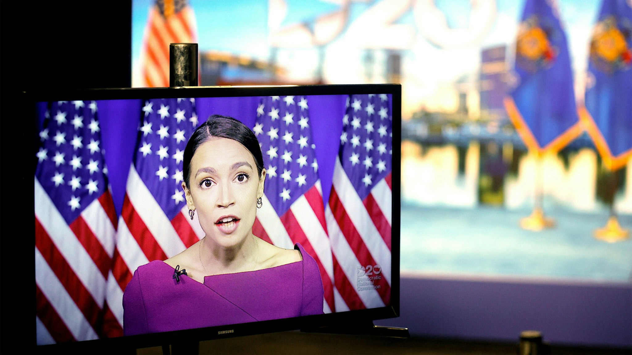 US Rep. Alexandria Ocasio-Cortez (D-NY) seconds the nomination of US Senator Bernie Sanders via video feed during the second day of the Democratic National Convention, being held virtually amid the novel coronavirus pandemic, at its hosting site in Milwaukee, Wisconsin, on August 18, 2020.