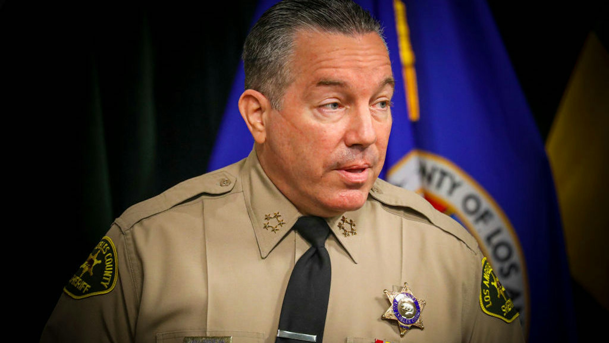 LOS ANGELES, CA - AUGUST 12: Sheriff Alex Villanueva speaks at a news conference to give an update on the fatal shooting by a deputy of Andres Guardado on June 18 near Gardena. in Hall of Justice on Wednesday, Aug. 12, 2020 in Los Angeles, CA. (Irfan Khan / Los Angeles Times)