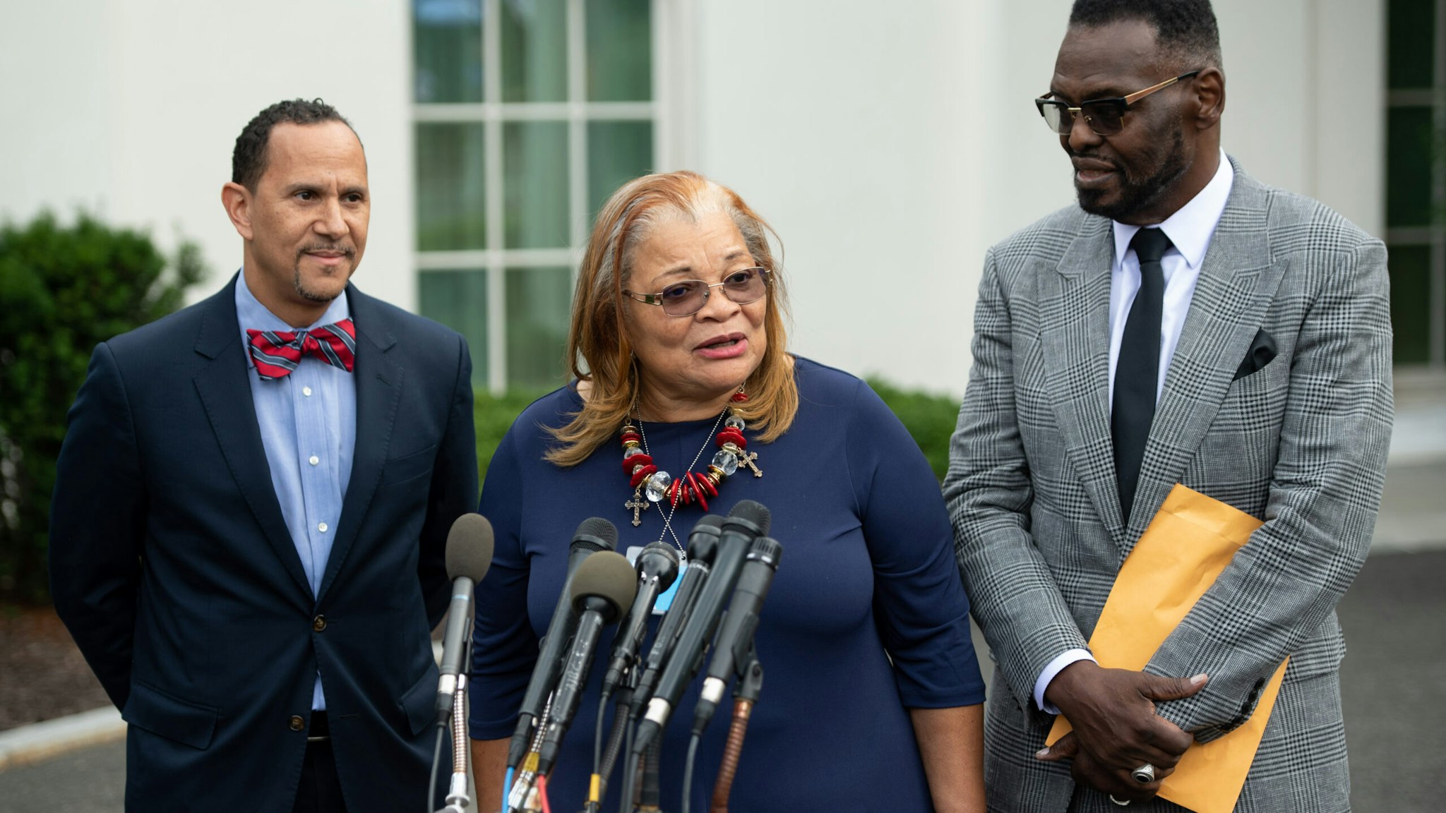 Alveda King (C), niece of Dr. Martin Luther King Jr., speaks following a meeting with US President Donald Trump and other faith-based inner-city leaders at the White House in Washington, DC on July 29, 2019.