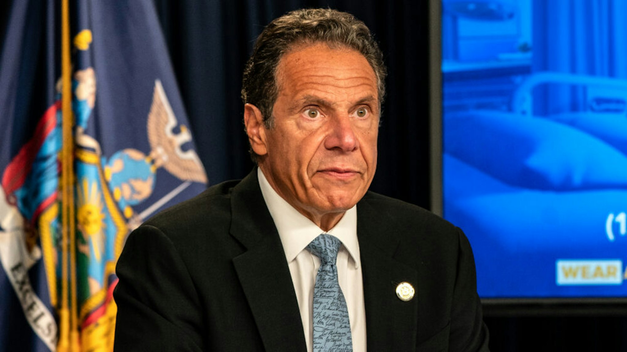 Andrew Cuomo speaks during the daily media briefing at the Office of the Governor of the State of New York on July 23, 2020 in New York City. The Governor said the state liquor authority has suspended 27 bar and restaurant alcohol licenses for violations of social distancing rules as public officials try to keep the coronavirus outbreak under control.