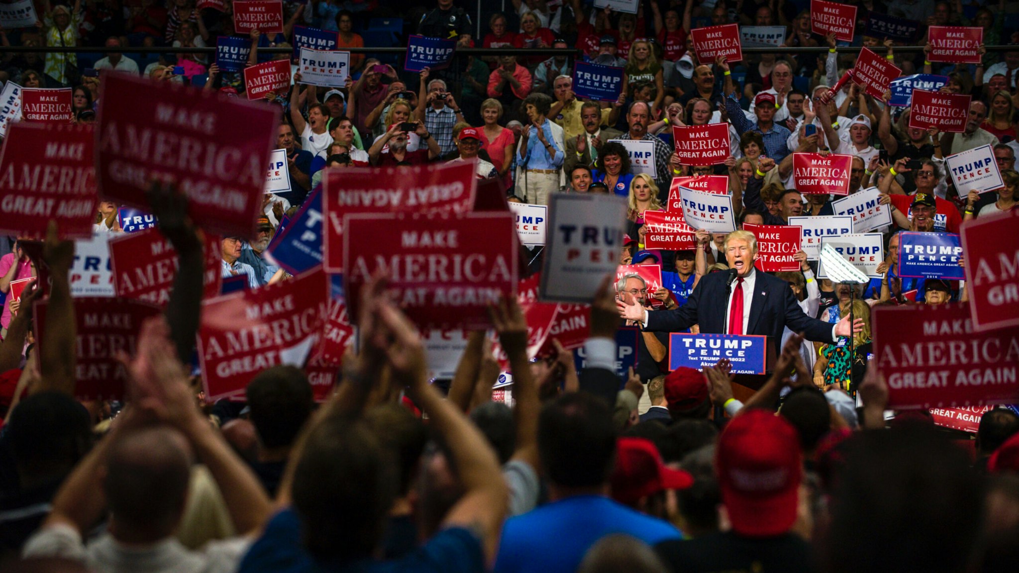 Republican Presidential candidate Donald Trump addresses supporters at the James A. Rhodes Arena on August 22, 2016 in Akron, Ohio.
