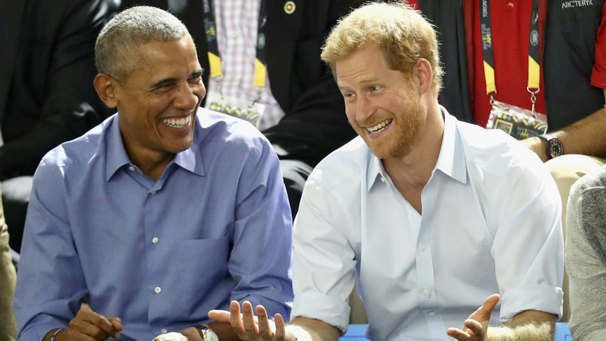 Former U.S. President Barack Obama and Prince Harry share a joke as they watch wheelchair baskeball on day 7 of the Invictus Games 2017 on September 29, 2017 in Toronto, Canada. (Chris Jackson/Getty Images for the Invictus Games Foundation)