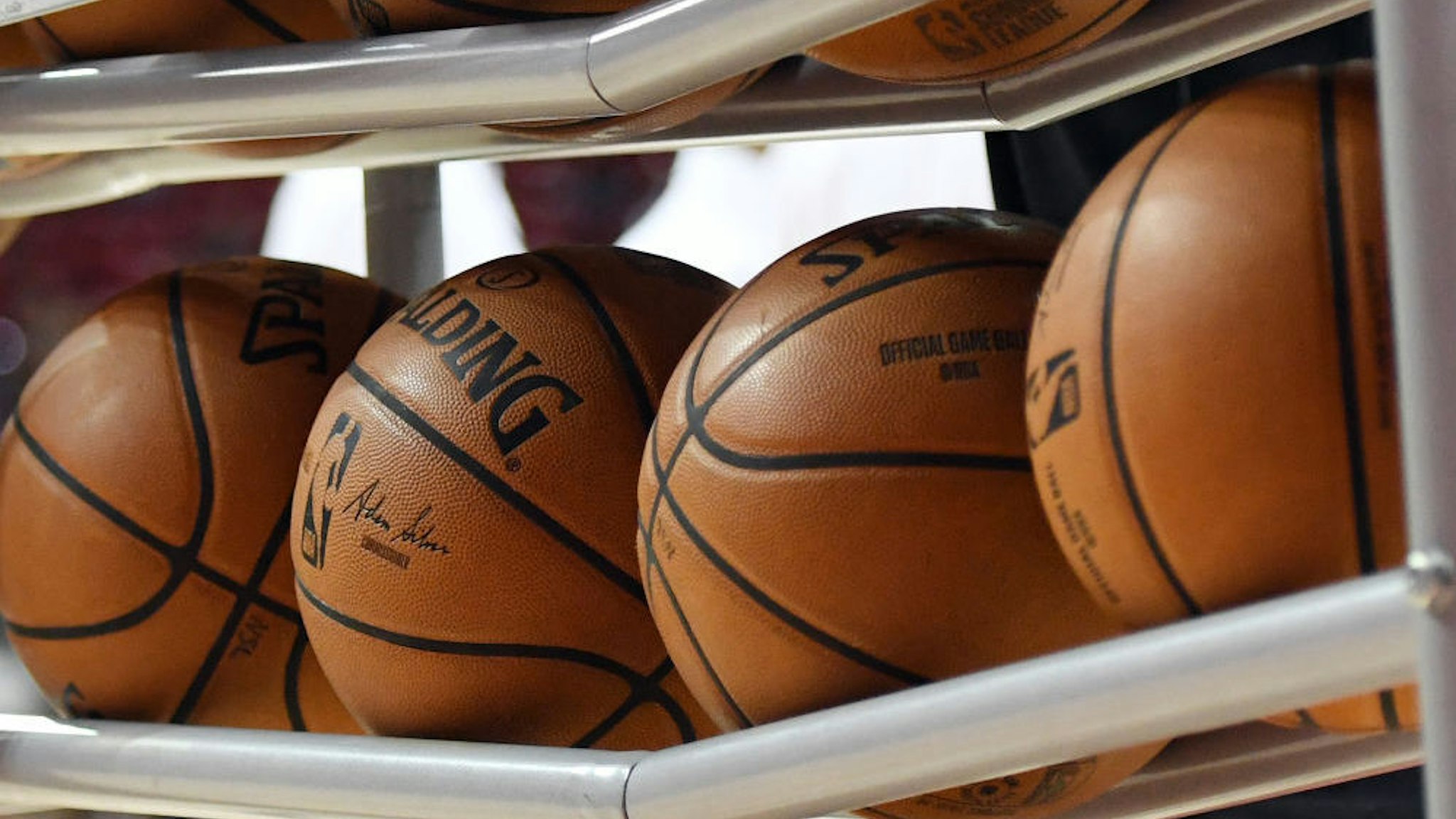 LAS VEGAS, NEVADA - JULY 06: Basketballs are shown in a ball rack before a game between the Washington Wizards and the New Orleans Pelicans during the 2019 NBA Summer League at the Thomas &amp; Mack Center on July 6, 2019 in Las Vegas, Nevada. NOTE TO USER: User expressly acknowledges and agrees that, by downloading and or using this photograph, User is consenting to the terms and conditions of the Getty Images License Agreement.