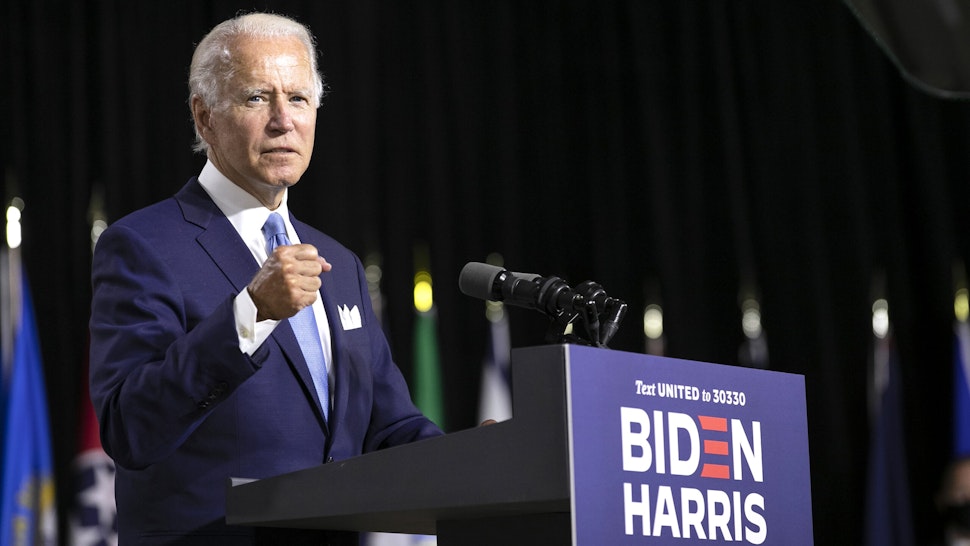 Former Vice President Joe Biden, presumptive Democratic presidential nominee, speaks during a campaign event in Wilmington, Delaware, U.S., on Wednesday, Aug. 12, 2020. Senator Kamala Harris brings an aggressive approach to politics and public policy, deep electoral experience and hands-on expertise in the beleaguered U.S. criminal justice system as Biden's running mate.