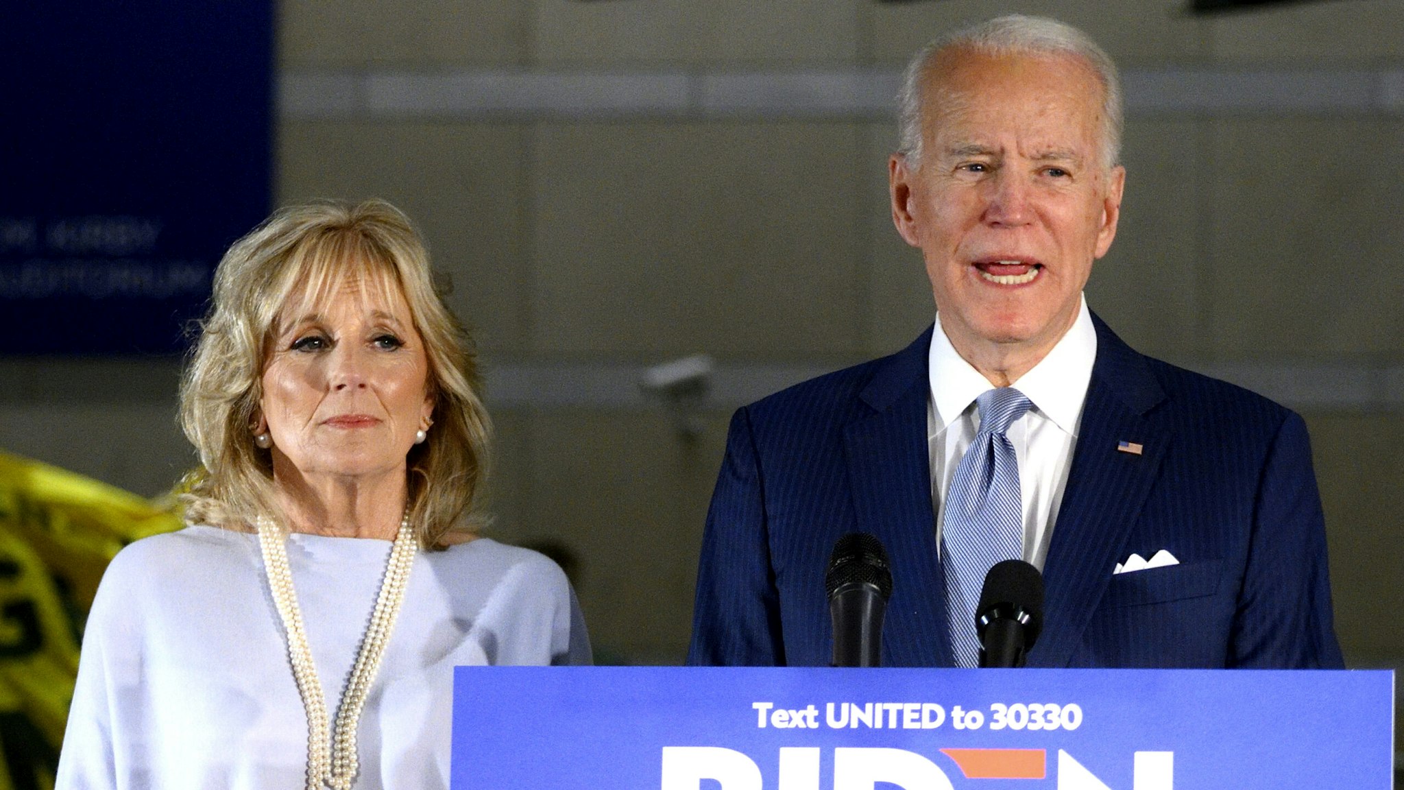 Former Vice President Joe Biden, sided by Dr. Jill Biden, delivers remarks at the National Constitution Center in Philadelphia, PA on March 10, 2020. Biden canceled an earlier scheduled campaign event in Cleveland, OH due to health concerns regarding COVID-19 Coronavirus at large gatherings.