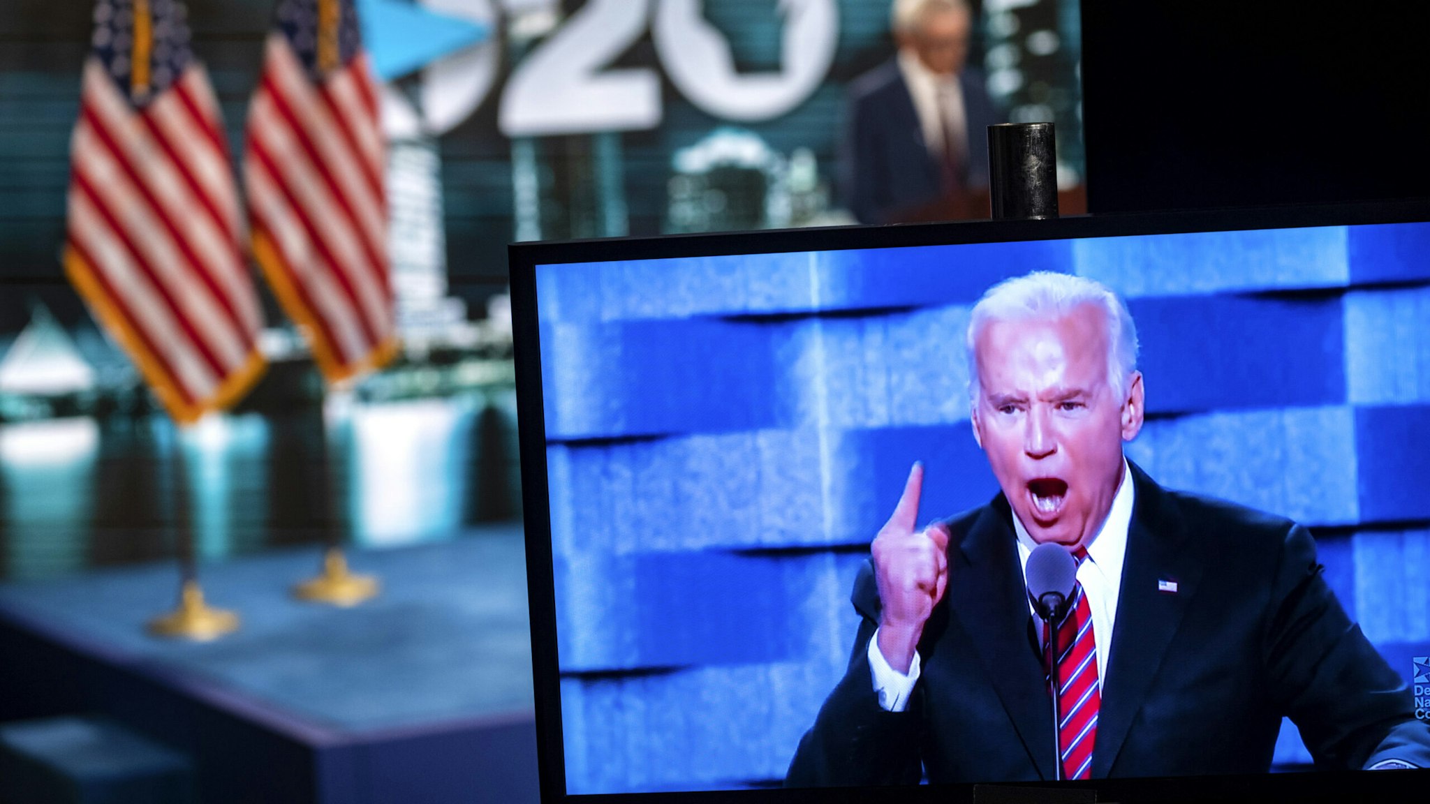 Former Vice President Joe Biden, Democratic presidential nominee, is displayed on a television monitor during the virtual Democratic National Convention in Milwaukee, Wisconsin, U.S., on Wednesday, Aug. 19, 2020. Senator Kamala Harris's prime-time speech is the first glimpse of how Joe Biden's campaign plans to deploy a history-making vice presidential nominee for a campaign that has largely been grounded by the coronavirus.