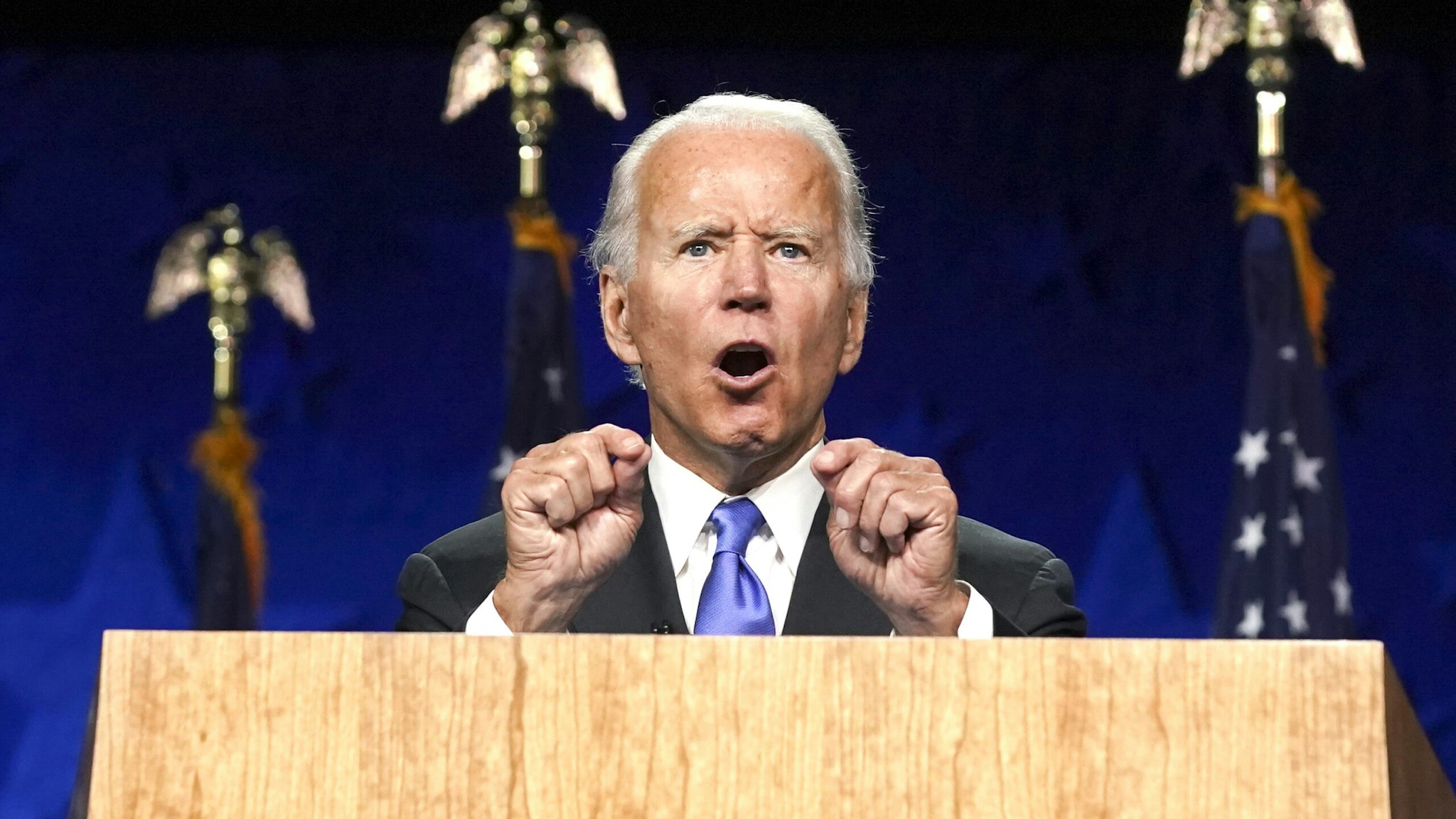 Former Vice President Joe Biden, Democratic presidential nominee, speaks during the Democratic National Convention at the Chase Center in Wilmington, Delaware, U.S., on Thursday, Aug. 20, 2020. Biden accepted the Democratic nomination to challenge President Donald Trump, urging Americans in a prime-time address to vote for new national leadership that will overcome deep U.S. political divisions.