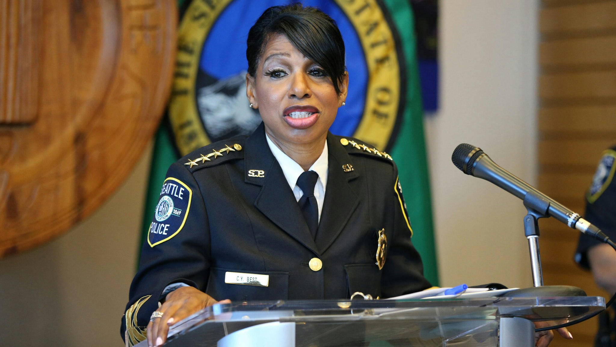 SEATTLE, WA - AUGUST 11: Seattle Police Chief Carmen Best announces her resignation at a press conference at Seattle City Hall on August 11, 2020 in Seattle, Washington. Her departure comes after months of protests against police brutality and votes by the City Council to defund her department by 14%.