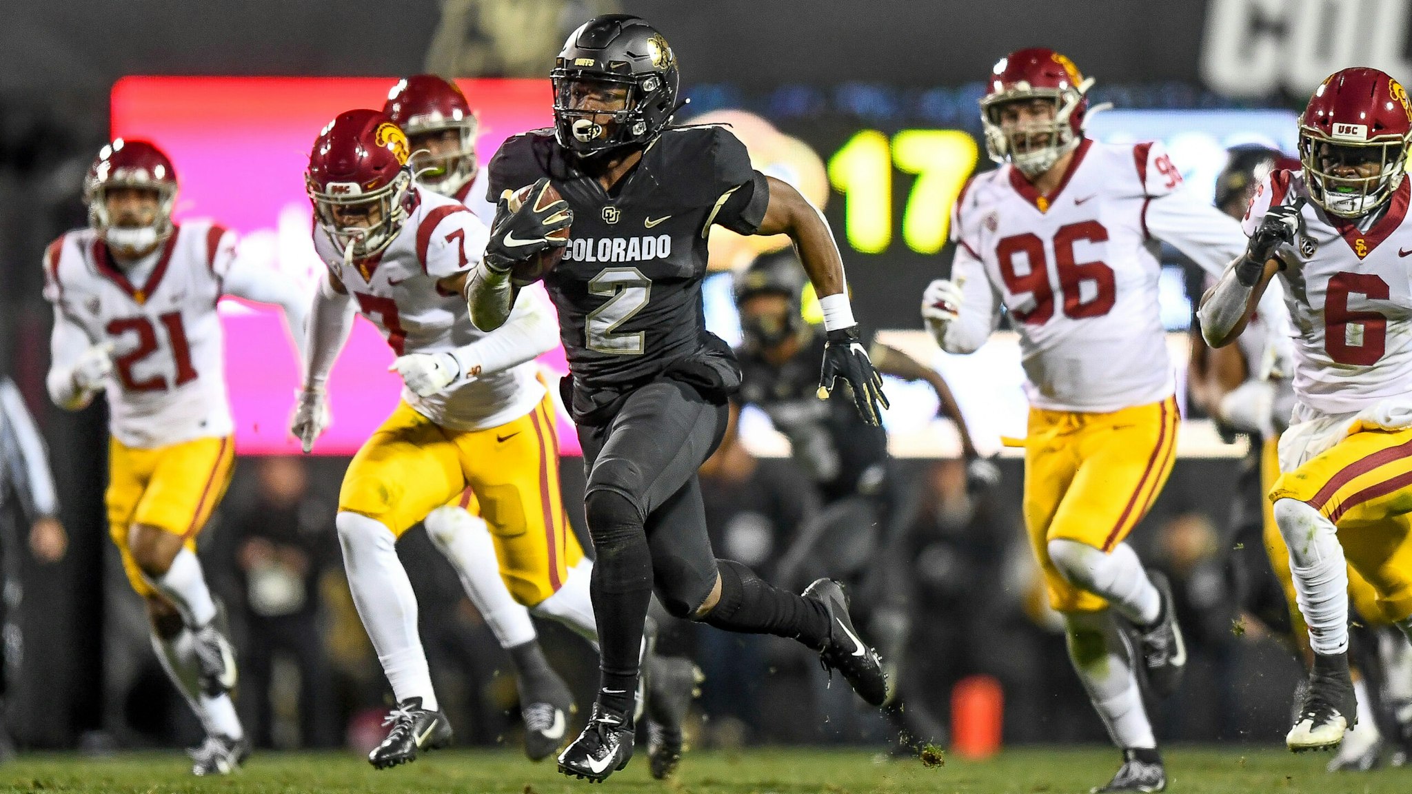 BOULDER, CO - OCTOBER 25: Laviska Shenault Jr. #2 of the Colorado Buffaloes carries the ball for a 73-yard touchdown catch against the USC Trojans in the third quarter of a game at Folsom Field on October 25, 2019 in Boulder, Colorado.