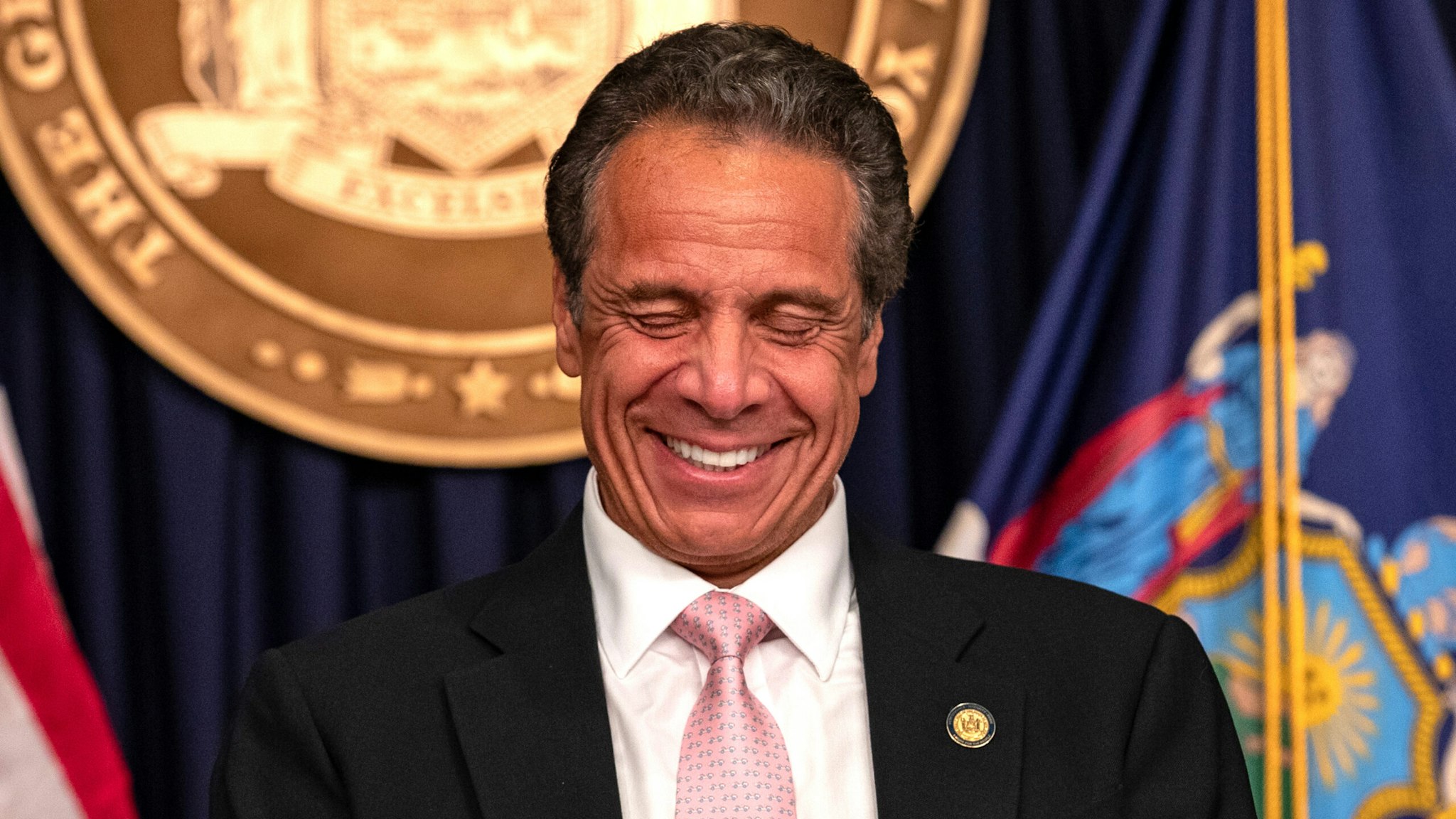 Governor Andrew Cuomo reacts during the daily media briefing at the Office of the Governor of the State of New York on June 12, 2020 in New York City. Gov. Andrew Cuomo signed the "Say Their Name" reform legislation, an agenda that calls for better policing standards in New York State in the wake of recent protests and in response to George Floyd's death.