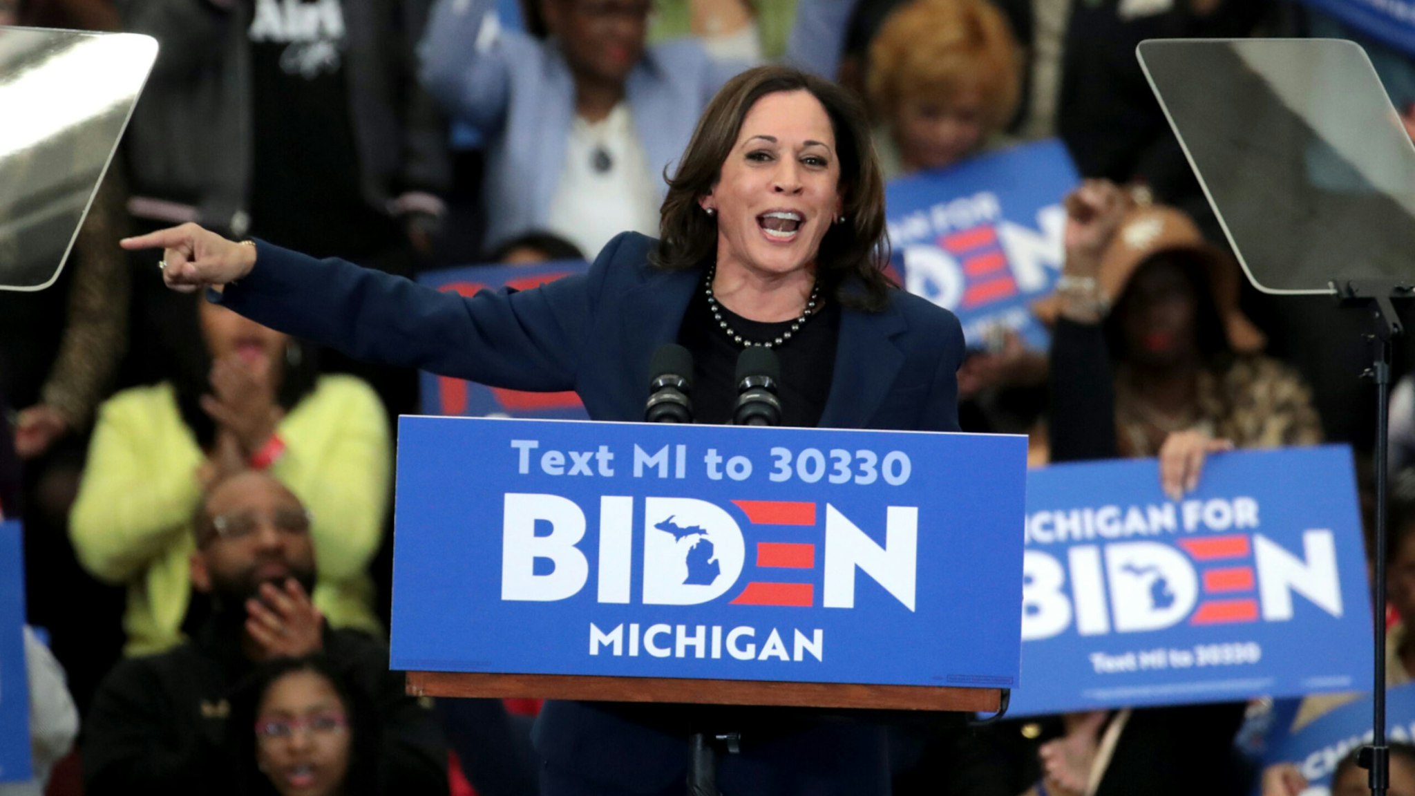 Sen. Kamala Harris (D-CA) introduces Democratic presidential candidate former Vice President Joe Biden at a campaign rally at Renaissance High School on March 09, 2020 in Detroit, Michigan.