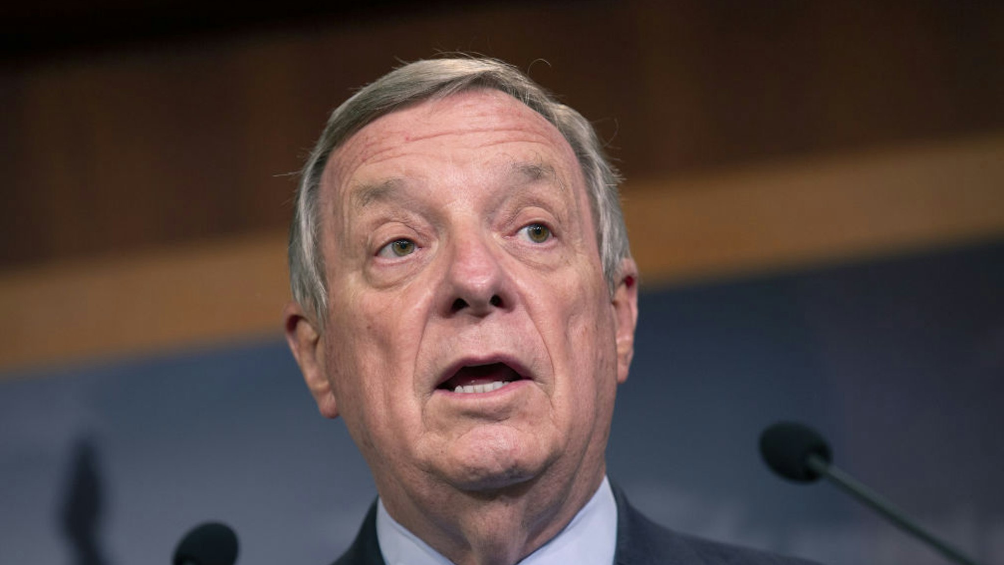 U.S. Senator Dick Durbin, a Democrat from Illinois, speaks during a news conference on Capitol Hill in Washington, D.C., U.S., on Tuesday, July 21, 2020. The White House and Congress have only a few weeks to come up with another stimulus to prevent the economic rout caused by the coronavirus from deepening as the outbreak is surging across the country.