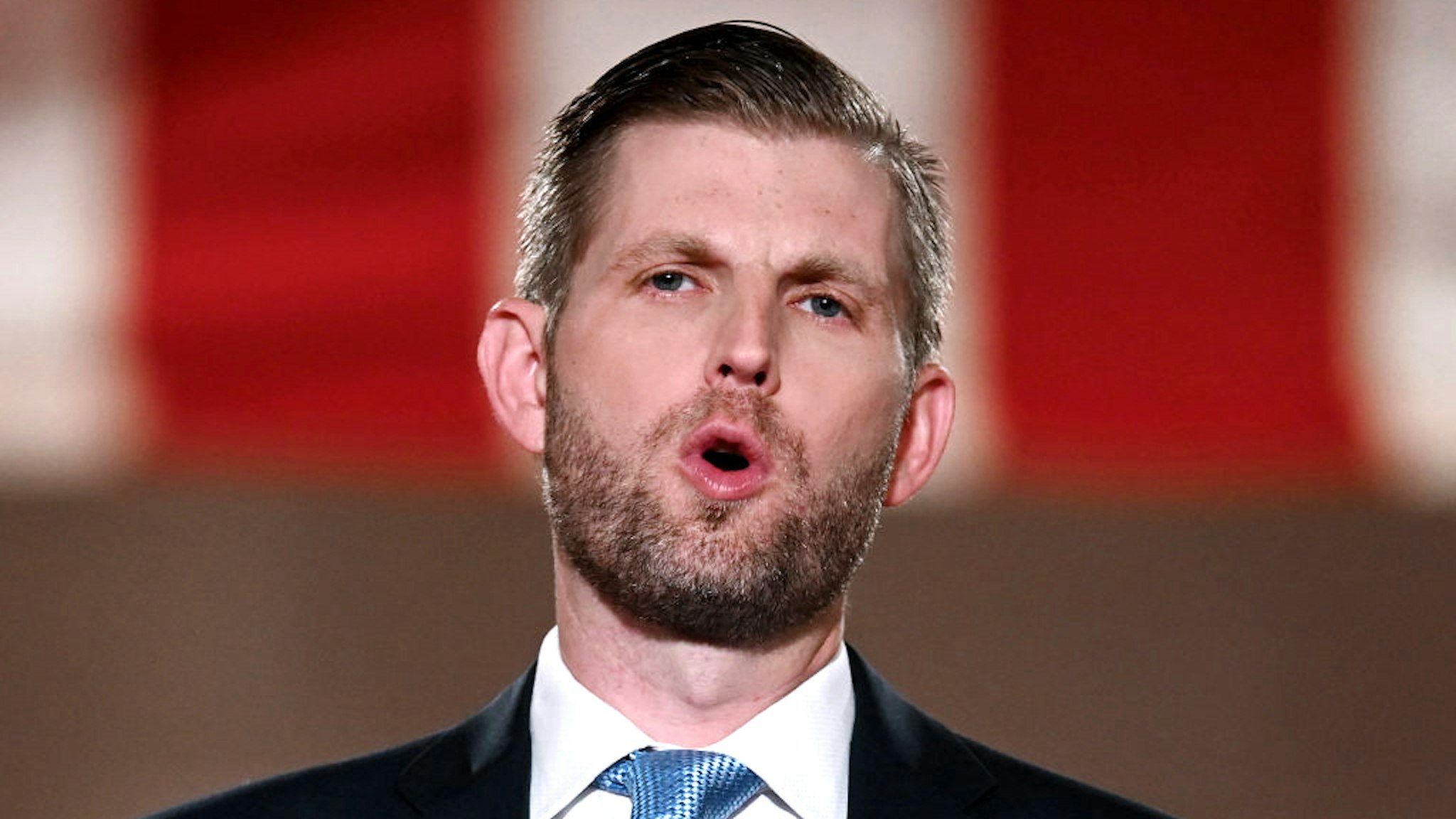 Eric Trump delivers a pre-recorded speech at the Andrew W. Mellon Auditorium in Washington, DC, on August 25, 2020, on the second day of the Republican National Convention.