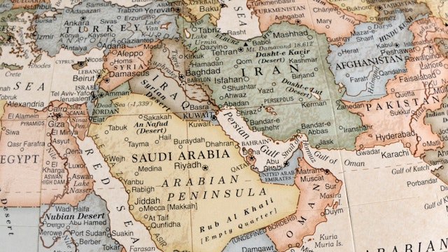 A close-up/macro photograph of Middle East from a desktop globe. Adobe RGB color profile.