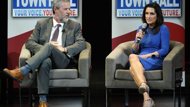 Liberty University President Jerry Falwell Jr. (L) and Becki Tilley speak during a town hall meeting on the opioid crisis as part of first lady Melania the first lady's "Be Best" initiative at the Westgate Las Vegas Resort &amp; Casino on March 5, 2019 in Las Vegas, Nevada. The town hall is the final stop of the first lady's three-state tour promoting her platform that highlights children's well-being, cyberbullying and opioid abuse. (Photo by Ethan Miller/Getty Images)