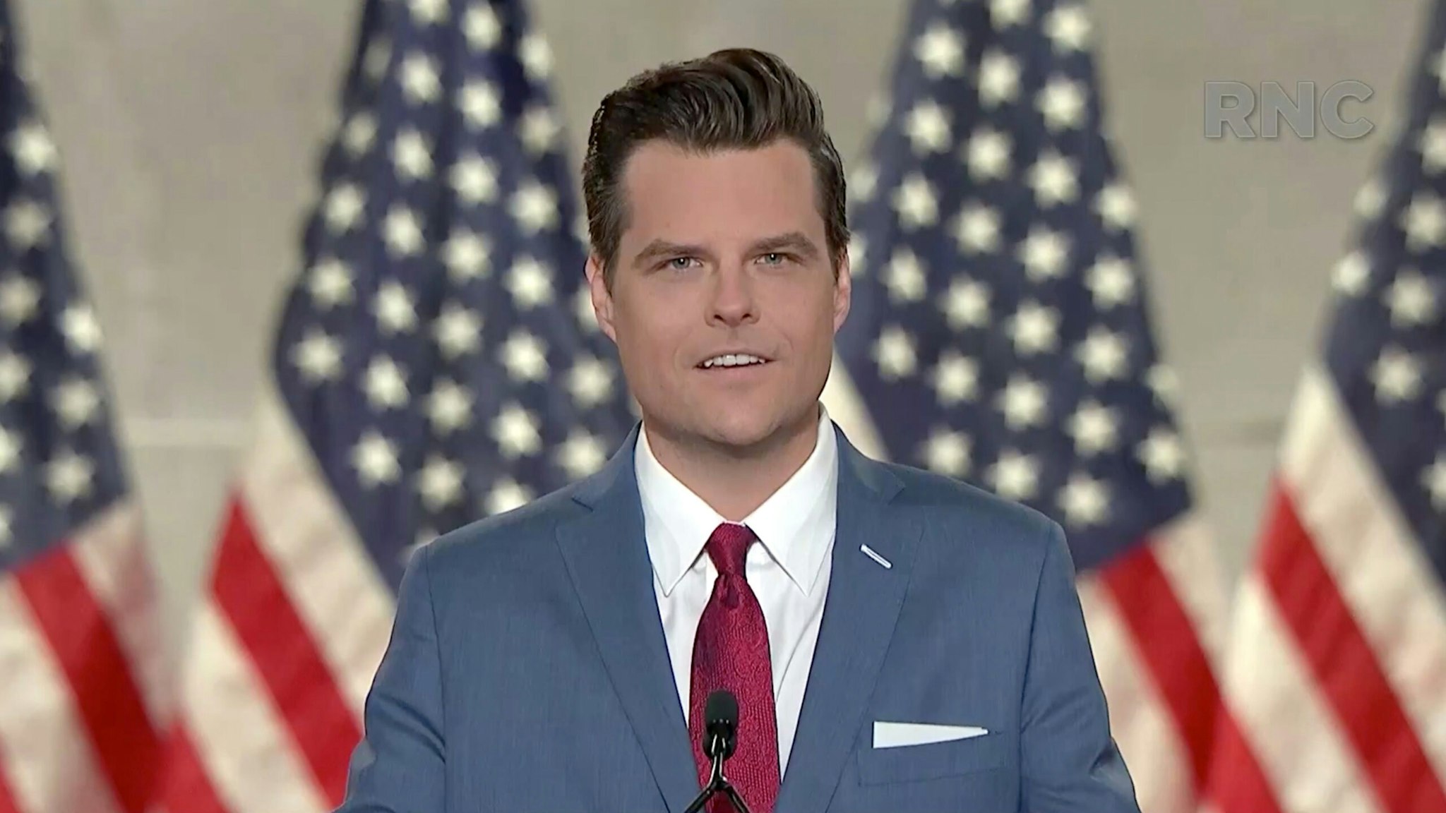 CHARLOTTE, NC - AUGUST 24: (EDITORIAL USE ONLY) In this screenshot from the RNC’s livestream of the 2020 Republican National Convention, U.S. Rep. Matt Gaetz (R-FL) addresses the virtual convention on August 24, 2020. The convention is being held virtually due to the coronavirus pandemic but will include speeches from various locations including Charlotte, North Carolina and Washington, DC.