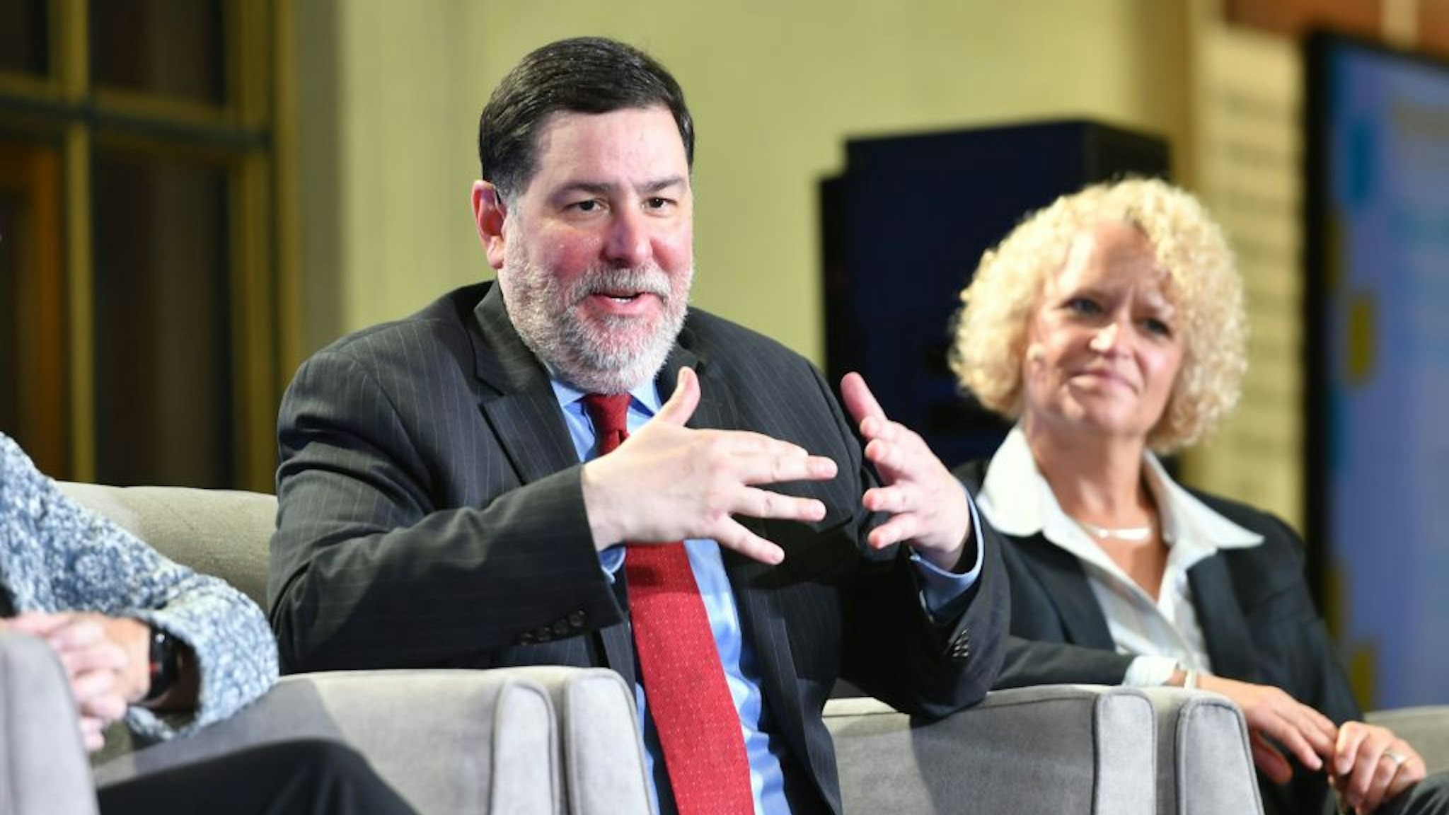 Pittsburgh Mayor Bill Peduto speaks during a panel discussion at the C40 Cities For Climate The Future Is Us kickoff event at San Francisco's City Hall in San Francisco, California on September 12, 2018.