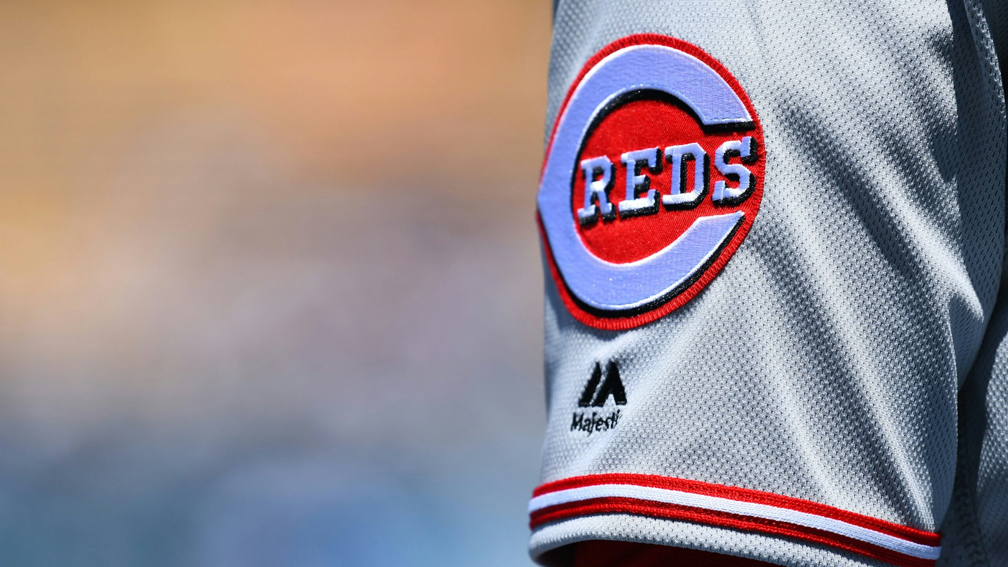 LOS ANGELES, CA - APRIL 17: The Cincinnati Reds logo on a jersey during a MLB game between the Cincinnati Reds and the Los Angeles Dodgers on April 17, 2019 at Dodger Stadium in Los Angeles, CA. (Photo by Brian Rothmuller/Icon Sportswire via Getty Images)