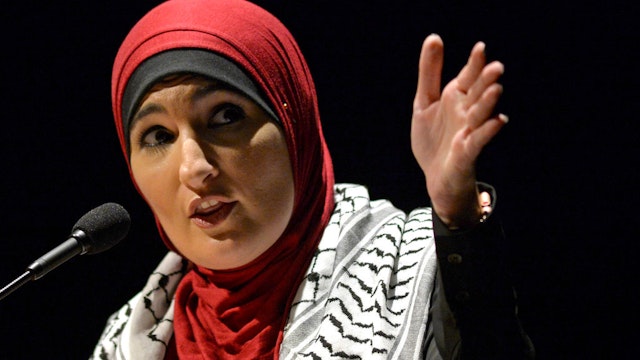 Political activist Linda Sarsour speaks during a panel on free speech and the Israeli-Palestinian conflict at the University of Massachusetts campus in Amherst, Massachusetts on May 4, 2019.