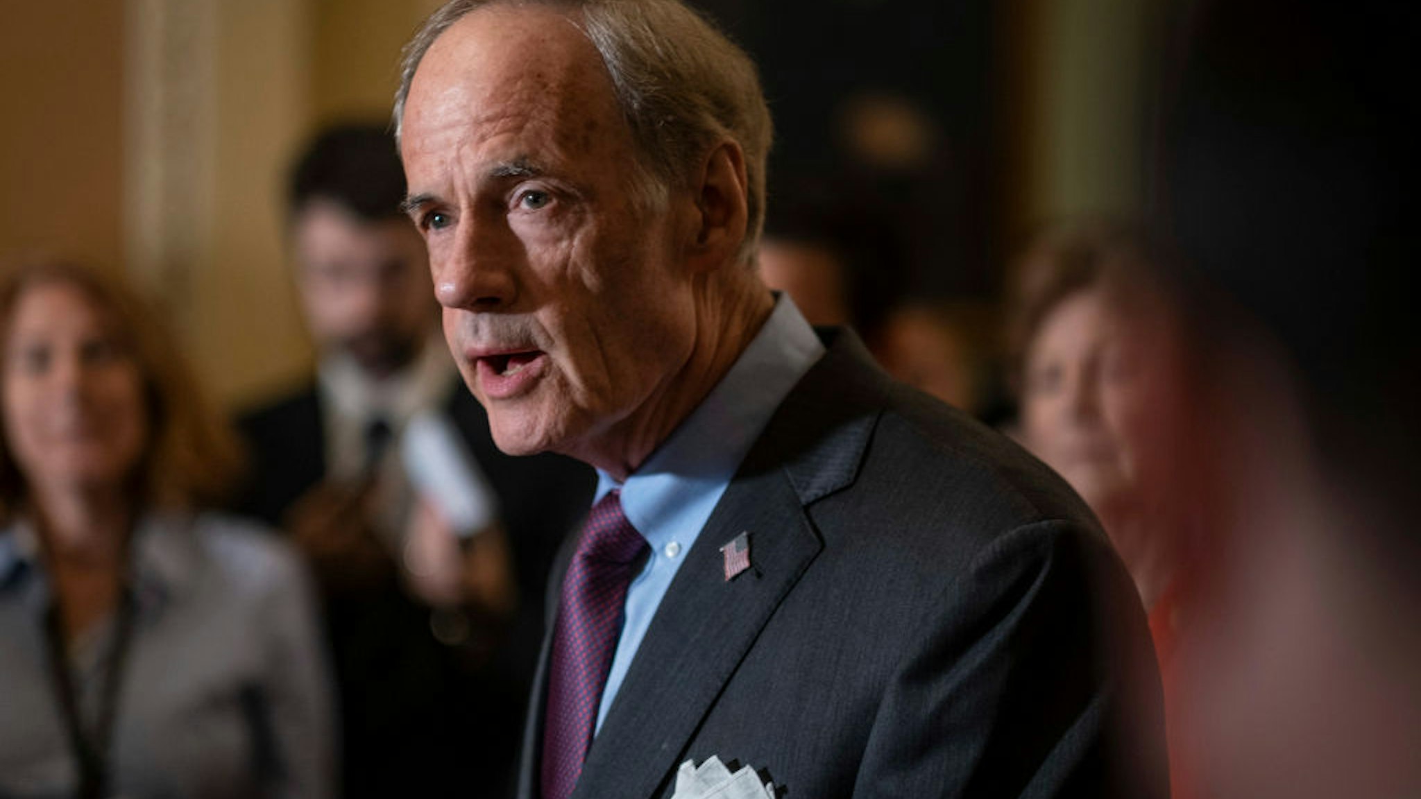 Senator Tom Carper (D-DE), speaks to the media during a press conference following the Senate Republican Leadership lunches on July 16, 2019 in Washington, DC.