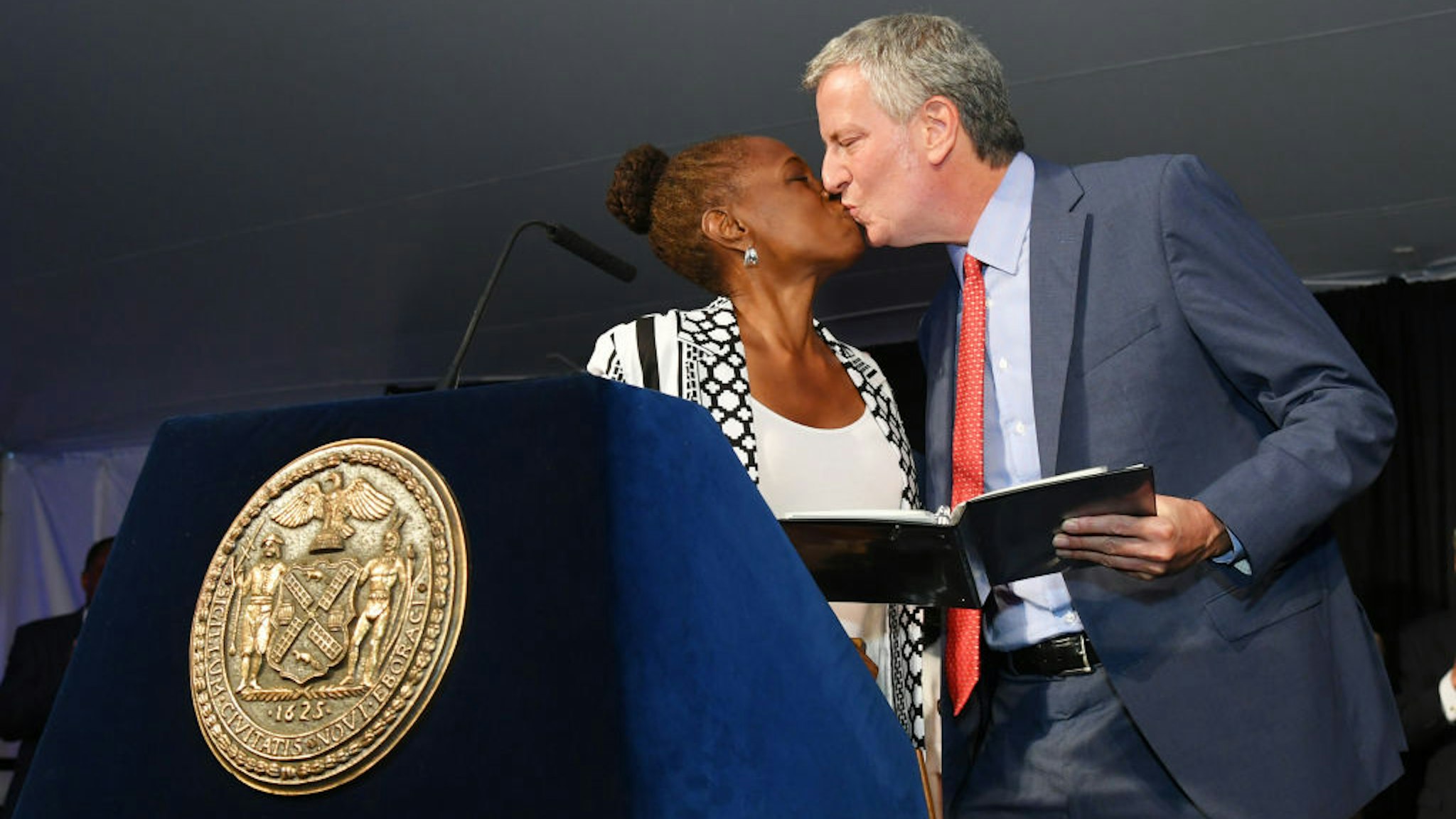 Chirlane McCray and NYC mayor Bill de Blasio appear onstage as Harlem, New York City And New York State honor Memphis' 200th Anniversary celebrating "A New Century Of Soul" between two iconic communities at Gracie Mansion on July 18, 2019 in New York City.