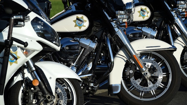 California Highway Patrol motorcycles line up for the procession for CHP Officer Andre Moye Jr., 34, at Acheson and Graham Mortuary in Riverside on Tuesday, Aug. 20, 2019.