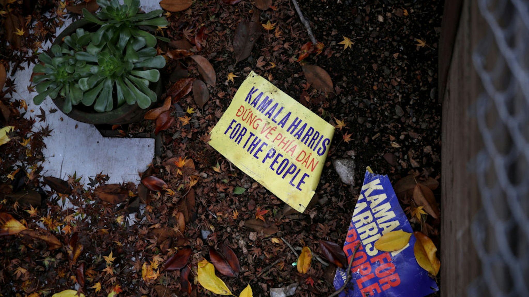 Campaign signs for democratic presidential candidate U.S. Sen. Kamala Harris (D-CA) sit on the ground outside of her Oakland campaign office on December 03, 2019 in Oakland,
