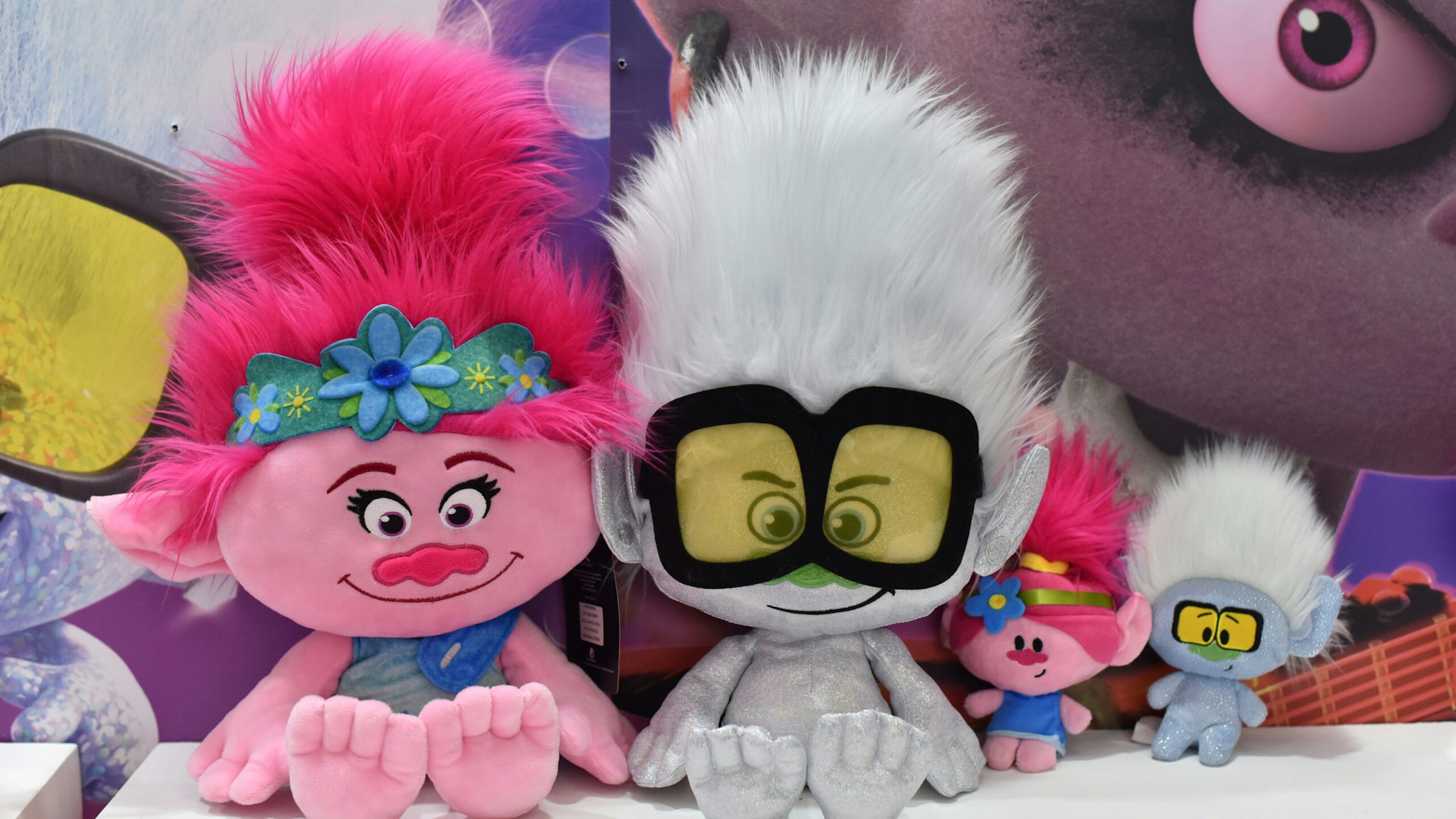 LONDON, ENGLAND - JANUARY 21: Dreamworks Trolls World Tour soft toys on display during the Toy Fair at Olympia London on January 21, 2020 in London, England. The Toy Fair is the UK’s largest dedicated toy, game and hobby trade show welcoming more than 270 companies exhibiting thousands of products. (Photo by John Keeble/Getty Images)
