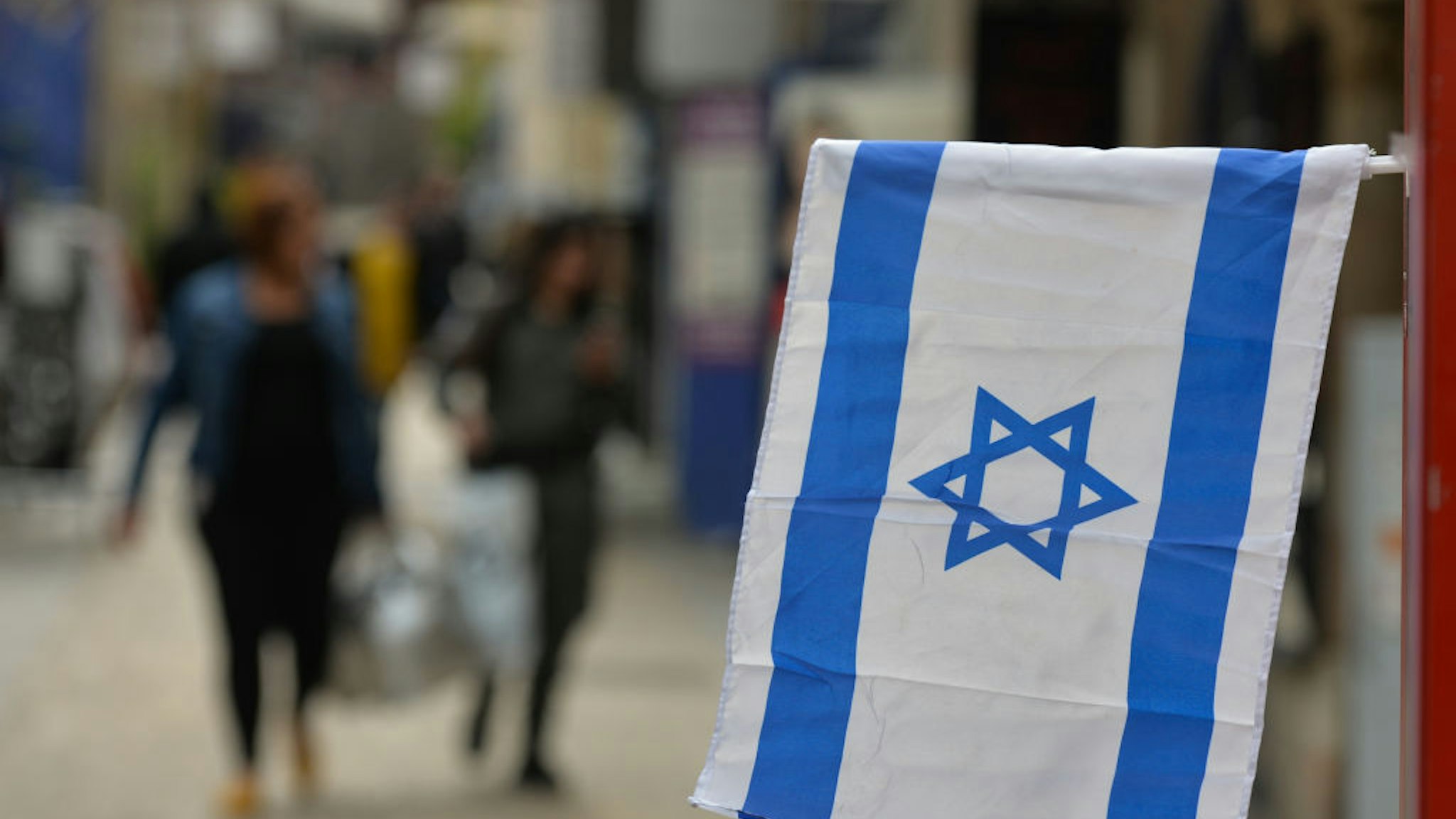 An Israeli flag seen in Jerusalem Center. On Monday, February 24, 2020, in Jerusalem, Israel.