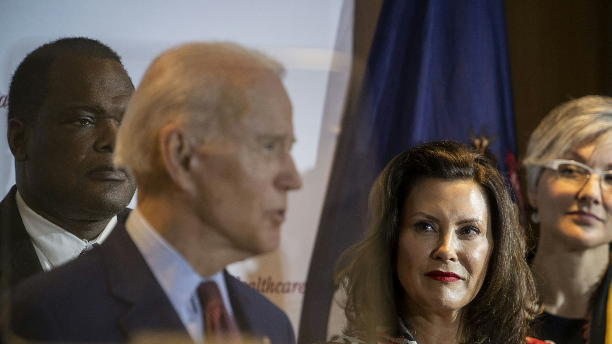 GRAND RAPIDS, MI - MARCH 9: Former Vice President Joe Biden speaks as Michigan Governor Gretchen Whitmer looks on at an event at Cherry Health in Grand Rapids, MI on March 9, 2020. (Photo by Carolyn Van Houten/The Washington Post via Getty Images)