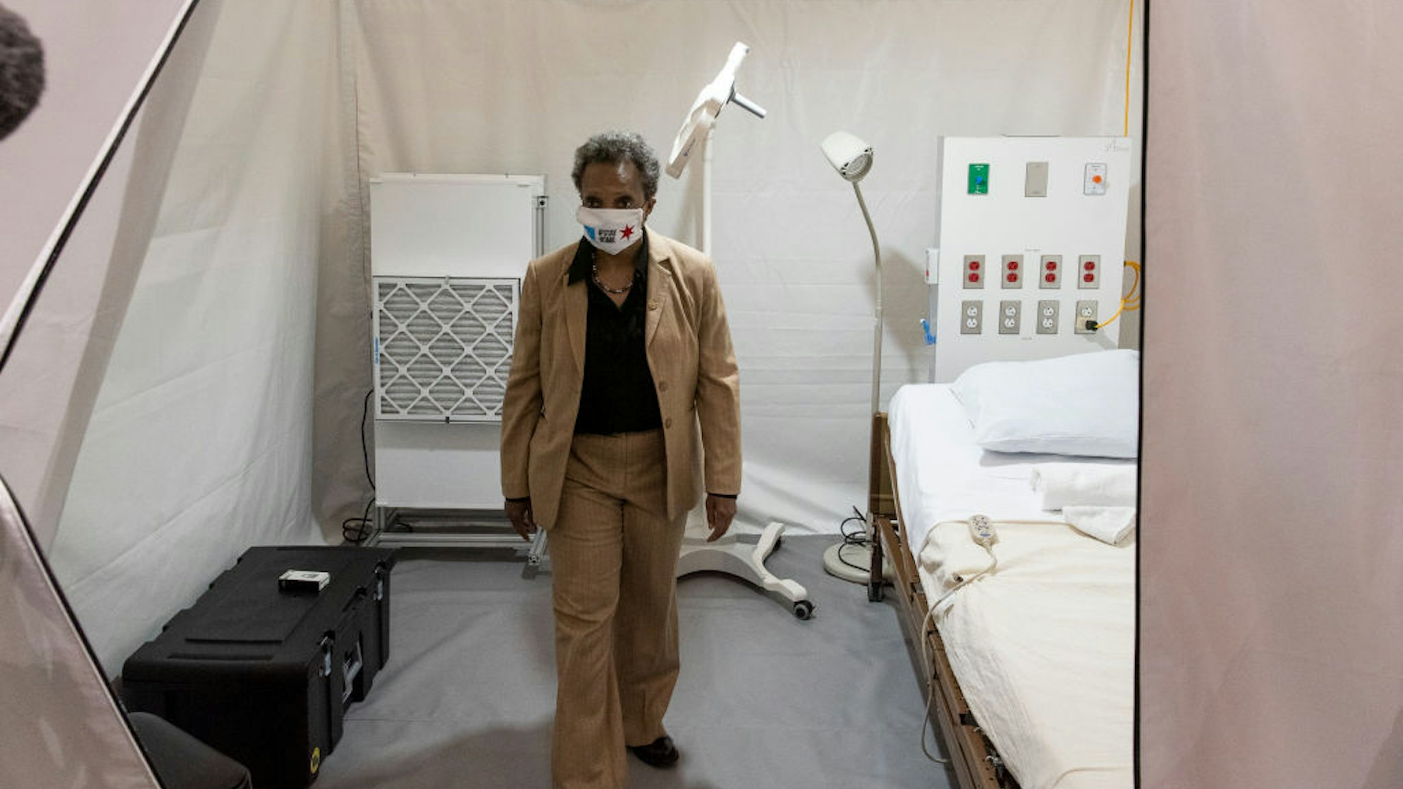 Chicago Mayor Lori Lightfoot tours the COVID-19 alternate care facility constructed at the McCormick Place convention center in Chicago, Illinois on April 17, 2020 in Chicago, Illinois.